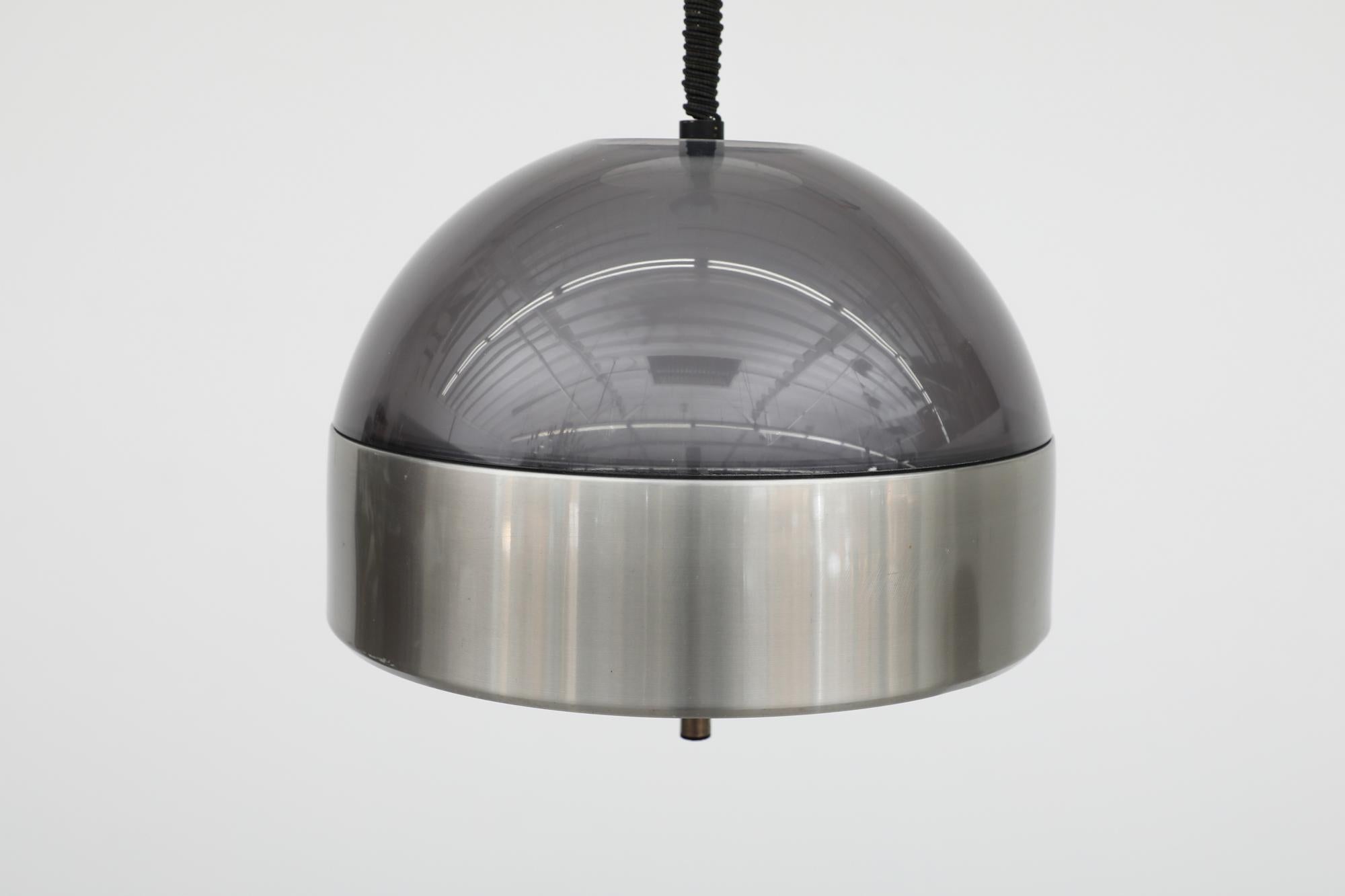 Italian Mid-Century Mod 1970's Adjustable Dome Pendant w/ Smoked Plexi Shade In Good Condition For Sale In Los Angeles, CA