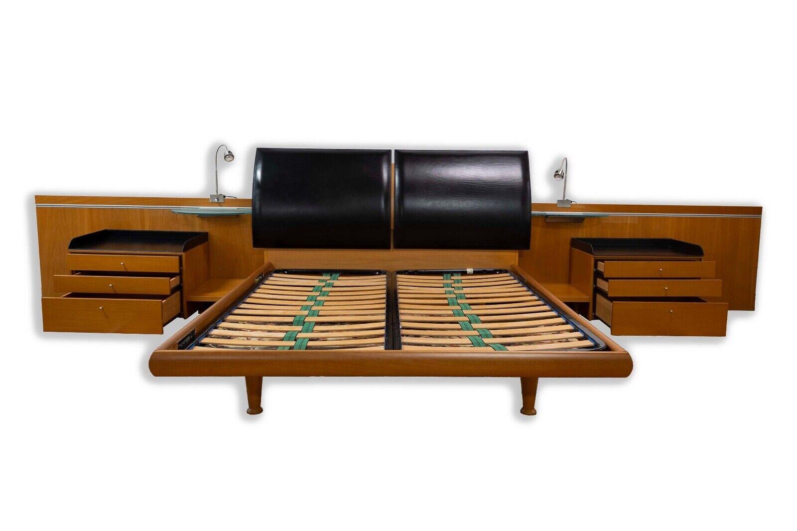 Italian Mid Century Mod Queen Sized Platform Bed Attached Side Tables and Lamps In Good Condition In Keego Harbor, MI