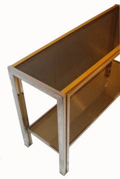 Italian Mid-Century Modern 2-Tier Rectangular Brass & Chrome Console Sofa Table