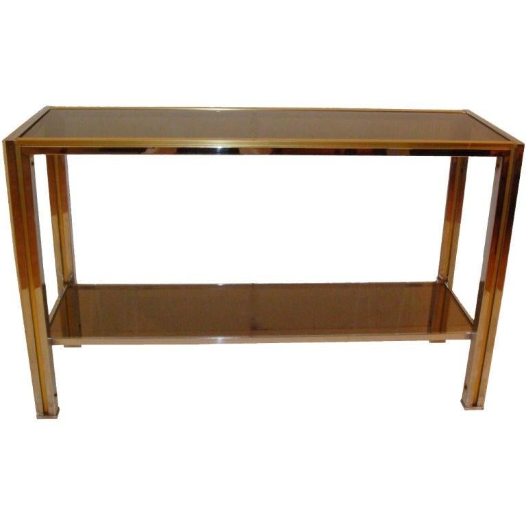 Italian Mid-Century Modern 2-Tier Rectangular Brass & Chrome Console Sofa Table In Good Condition For Sale In Miami, FL