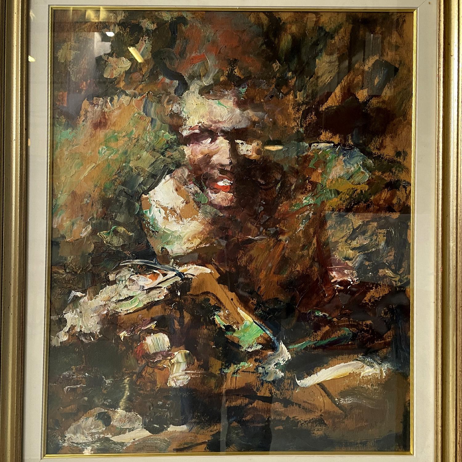 Italian mid-century modern abstract portrait painting with golden frame, 1960s 6
