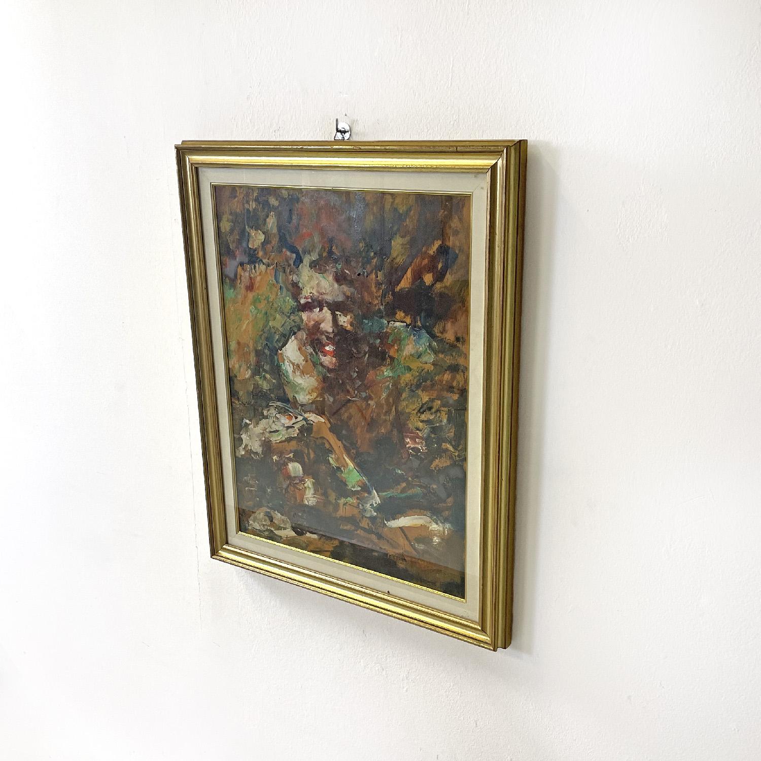 Italian mid-century modern abstract portrait painting with golden frame, 1960s
Picture with rectangular frame. The painting represents a half-length portrait rendered through material and gestural brushstrokes of various colors, ranging from warm