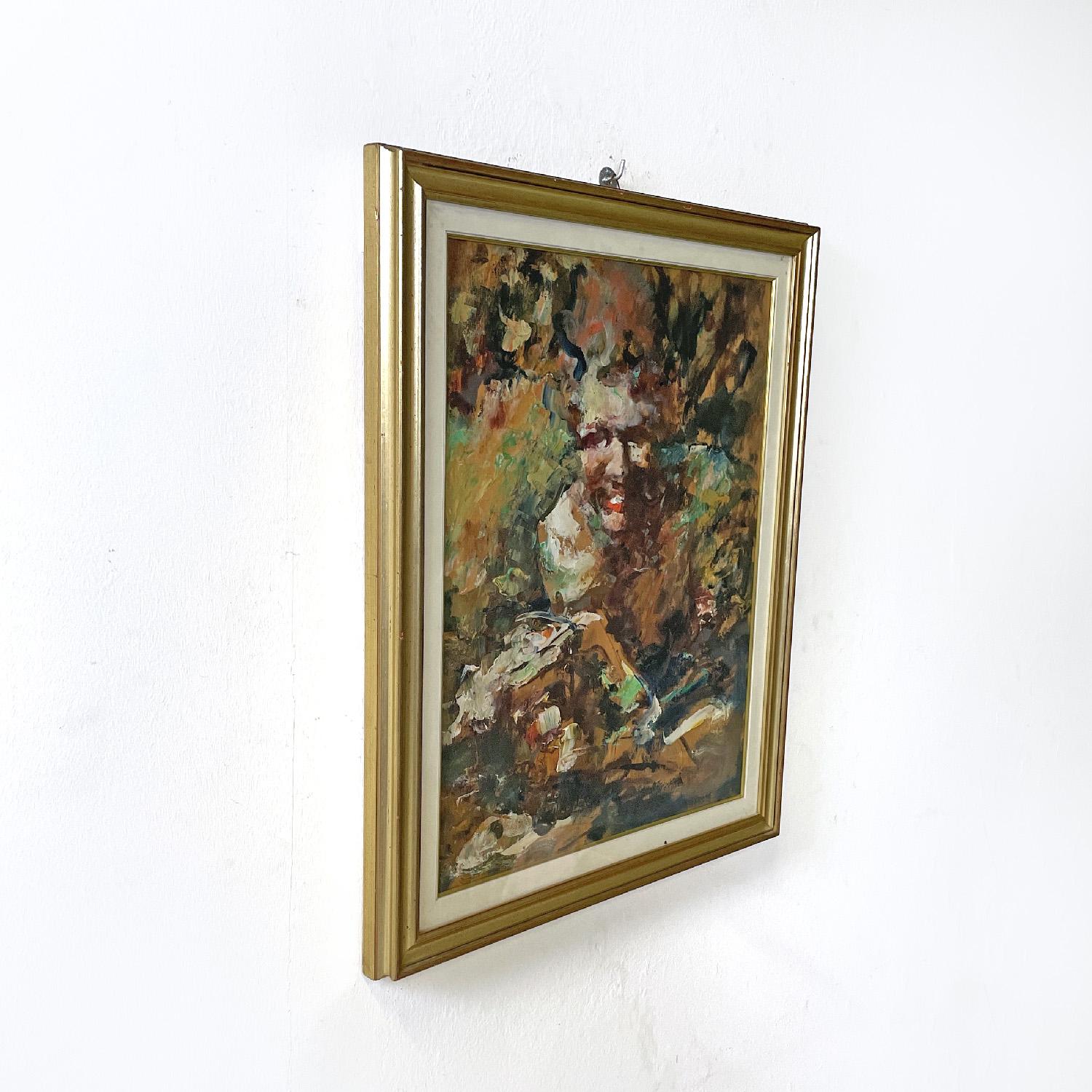 Italian mid-century modern abstract portrait painting with golden frame, 1960s In Good Condition In MIlano, IT