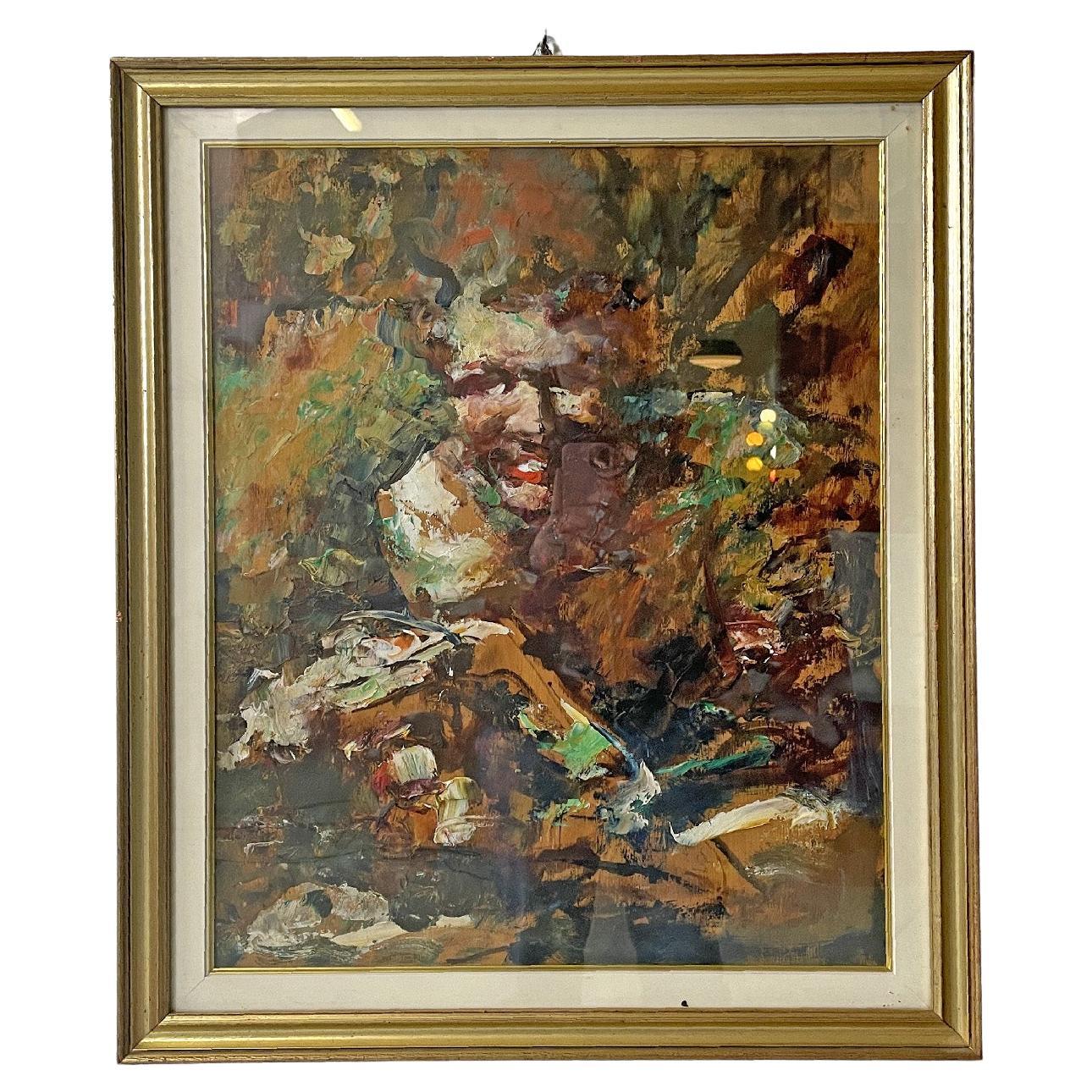 Italian mid-century modern abstract portrait painting with golden frame, 1960s