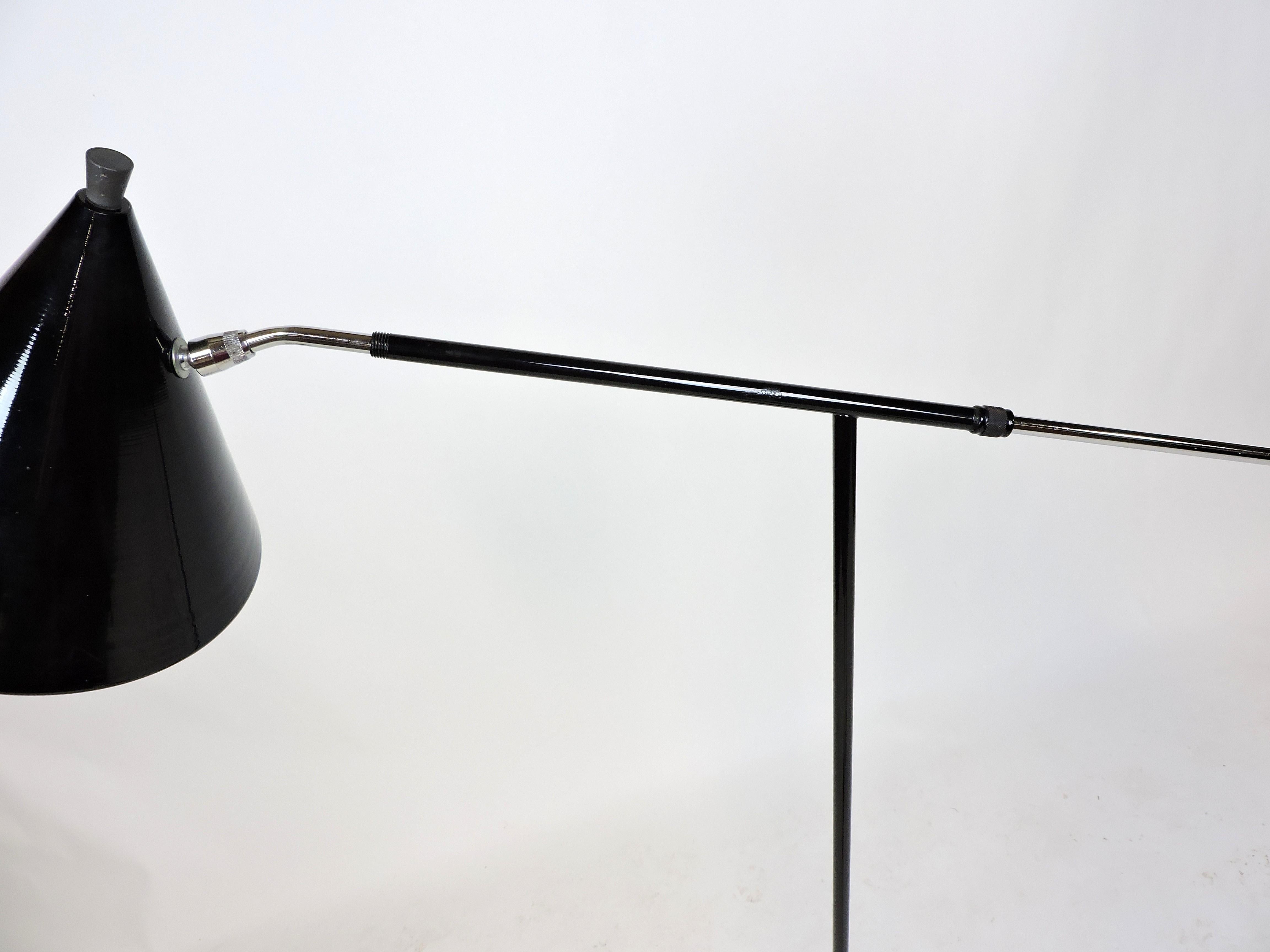 Italian Mid-Century Modern Black & Chrome Adjustable Floor Lamp with Cone Shade 2
