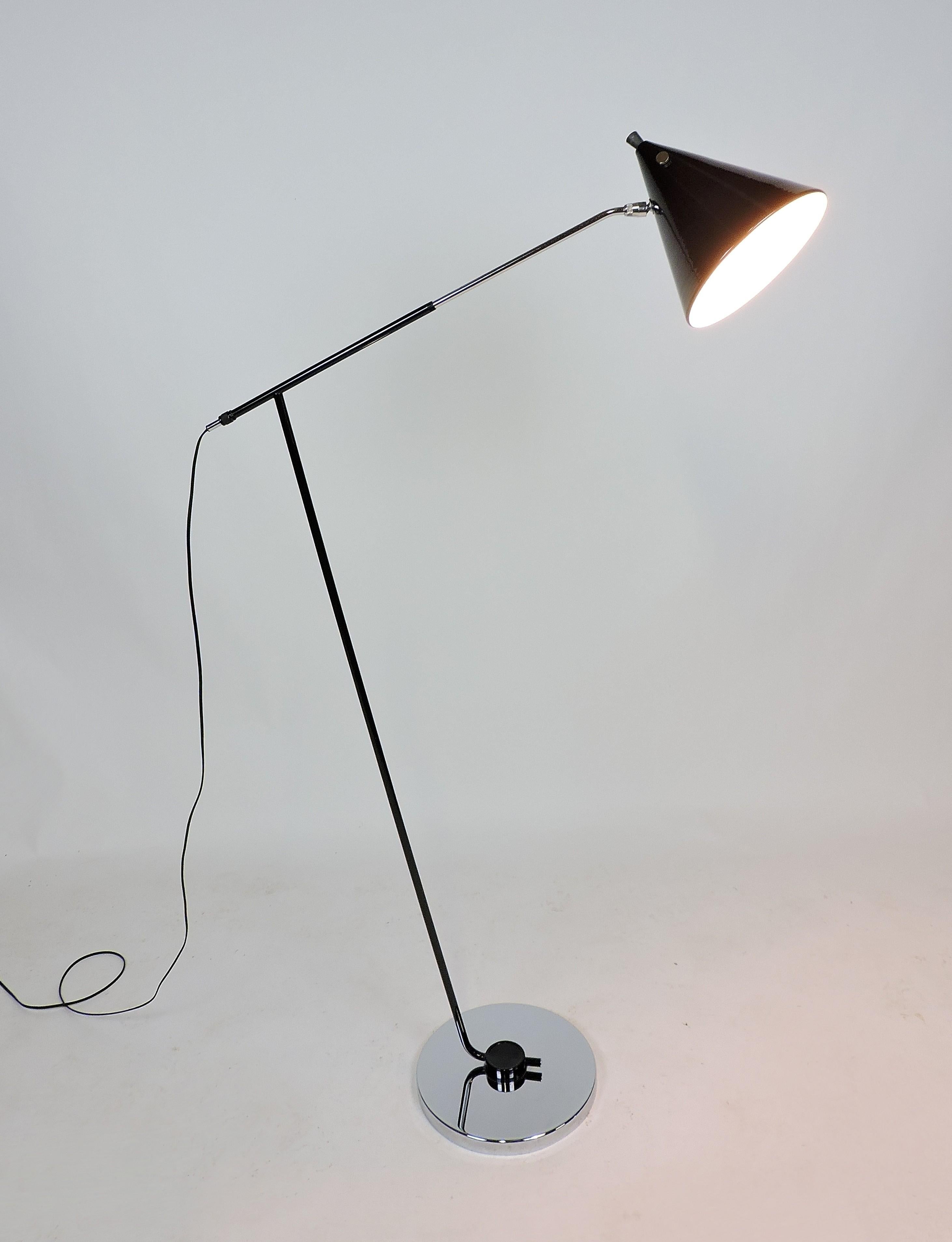 Italian Mid-Century Modern Black & Chrome Adjustable Floor Lamp with Cone Shade 3