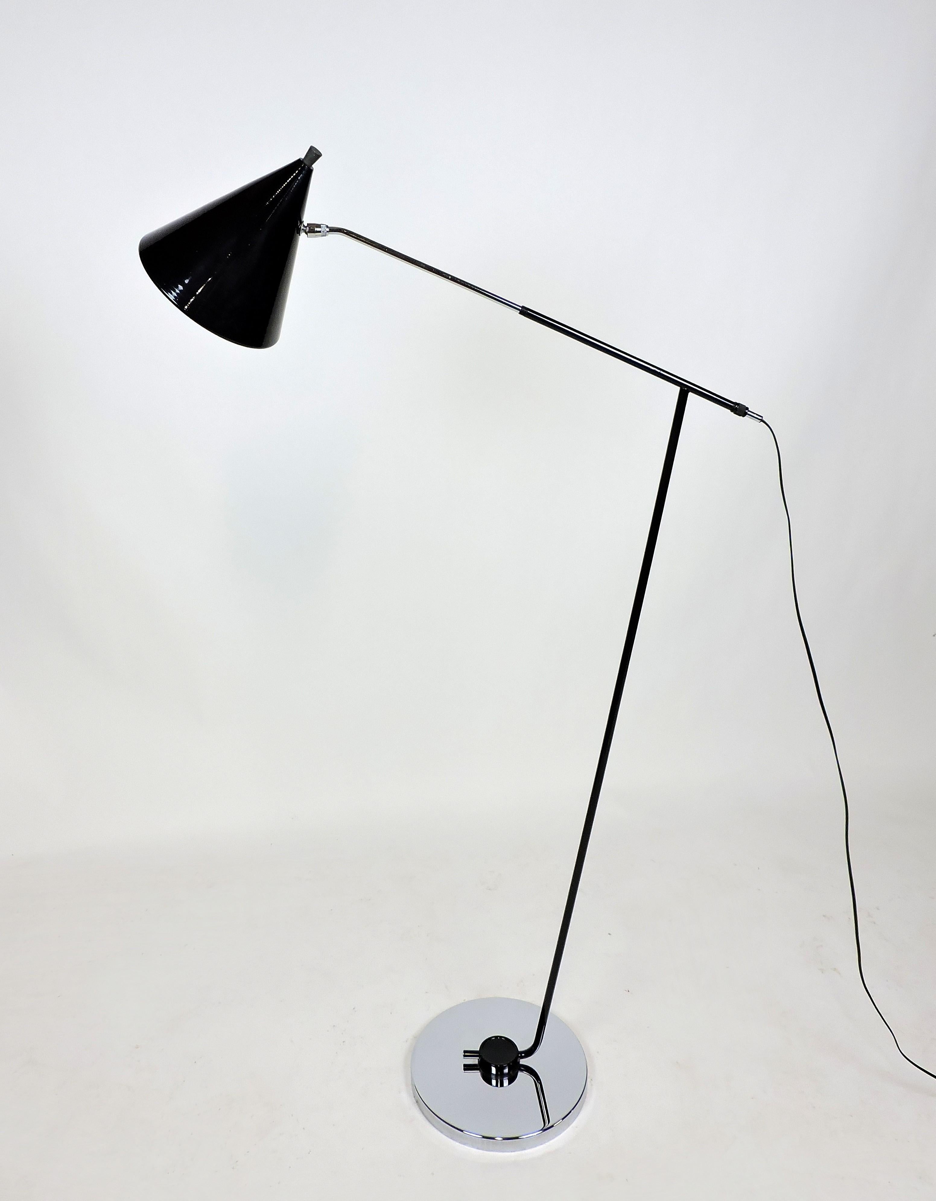 Italian Mid-Century Modern Black & Chrome Adjustable Floor Lamp with Cone Shade 4