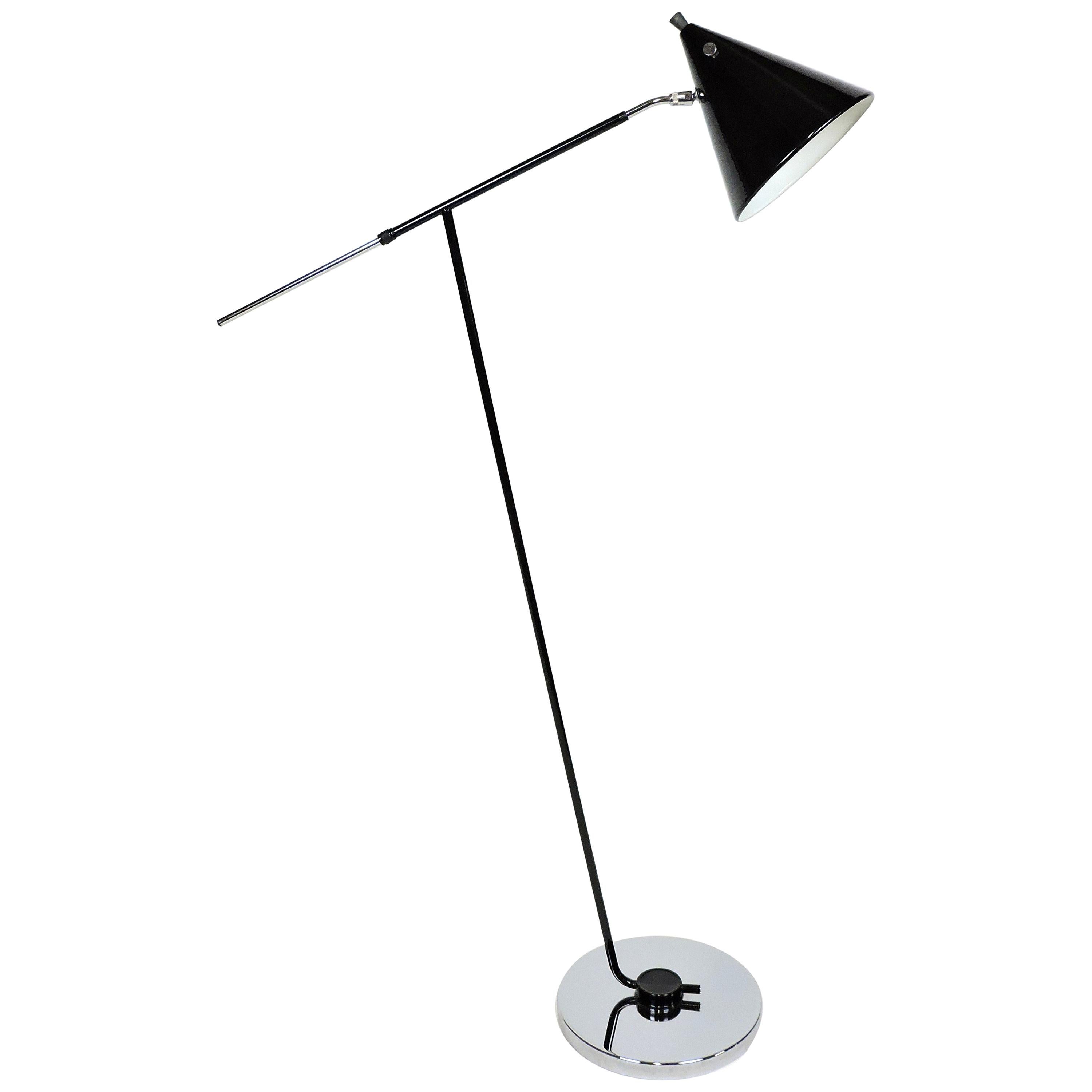 Italian Mid-Century Modern Black & Chrome Adjustable Floor Lamp with Cone Shade