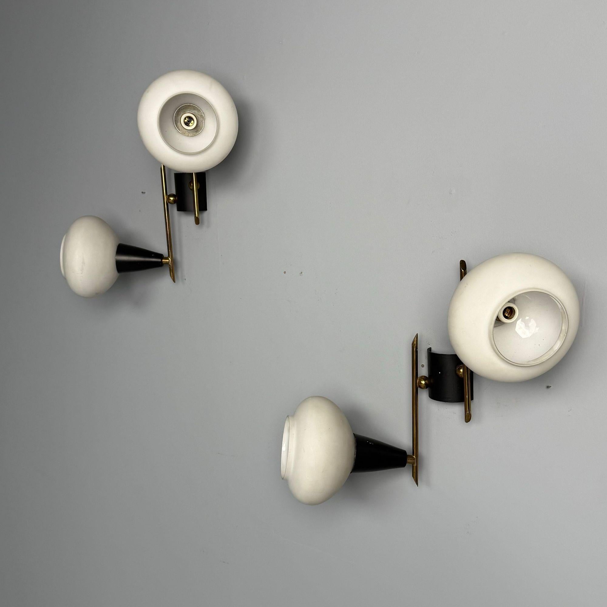 Italian Mid-Century Modern, Adjustable Wall Sconces, Brass, Opaline Glass, 1960s In Good Condition For Sale In Manhasset, NY