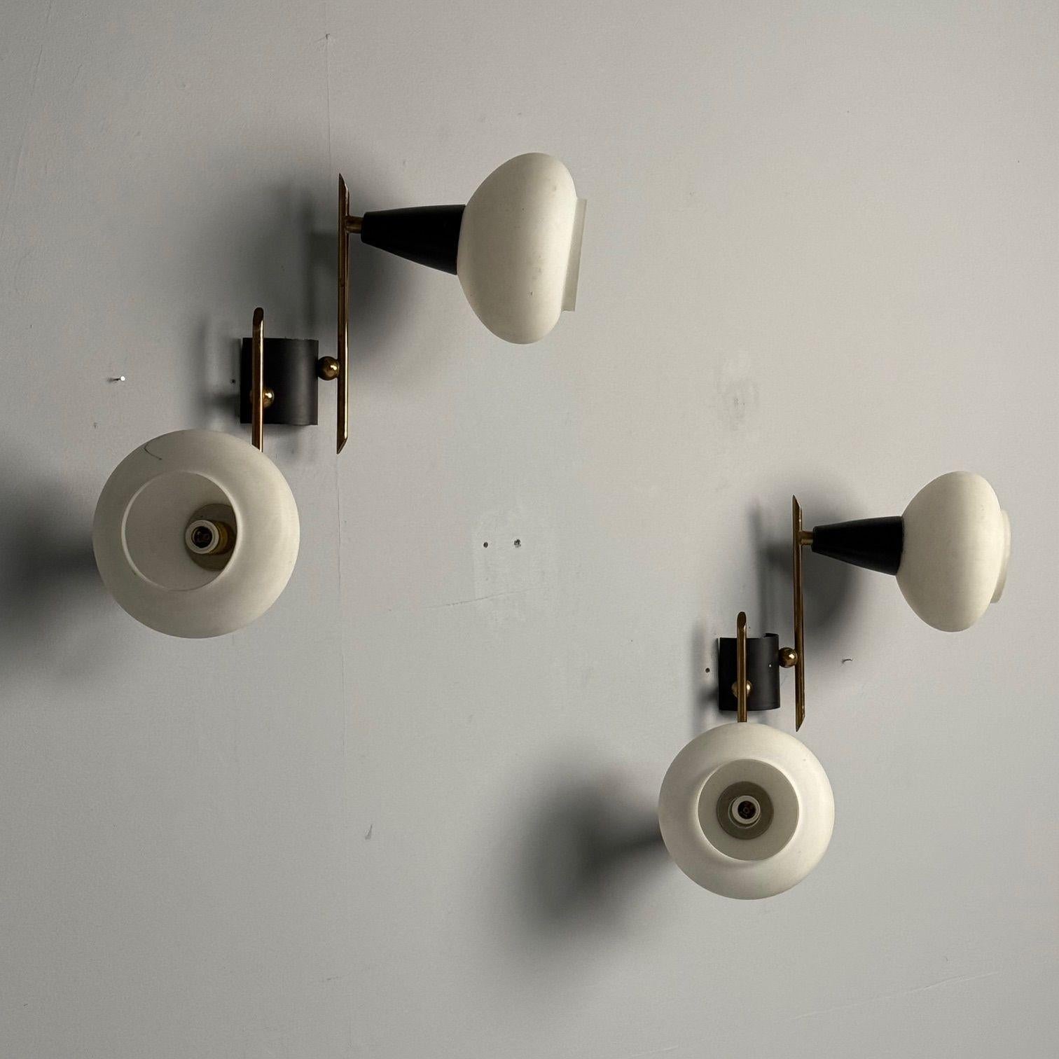 Mid-20th Century Italian Mid-Century Modern, Adjustable Wall Sconces, Brass, Opaline Glass, 1960s For Sale