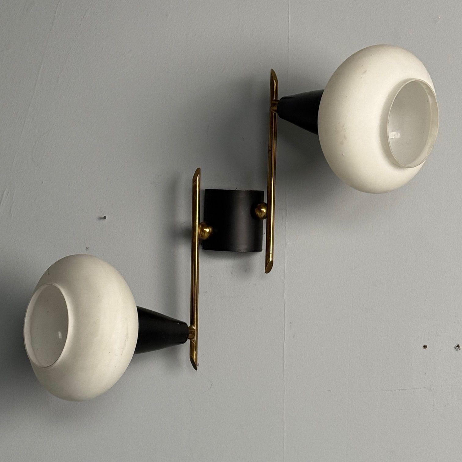 Italian Mid-Century Modern, Adjustable Wall Sconces, Brass, Opaline Glass, 1960s For Sale 1