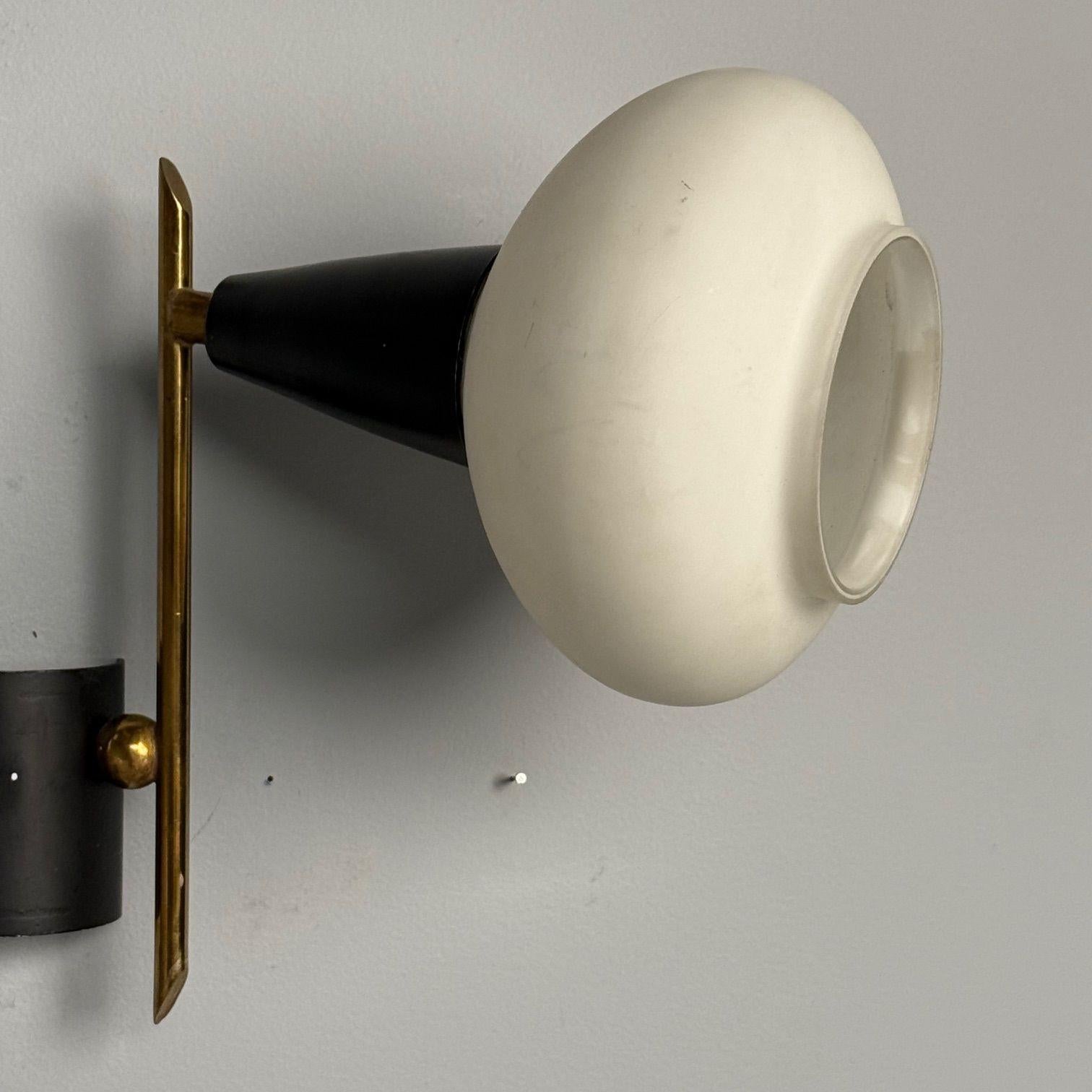 Italian Mid-Century Modern, Adjustable Wall Sconces, Brass, Opaline Glass, 1960s For Sale 2