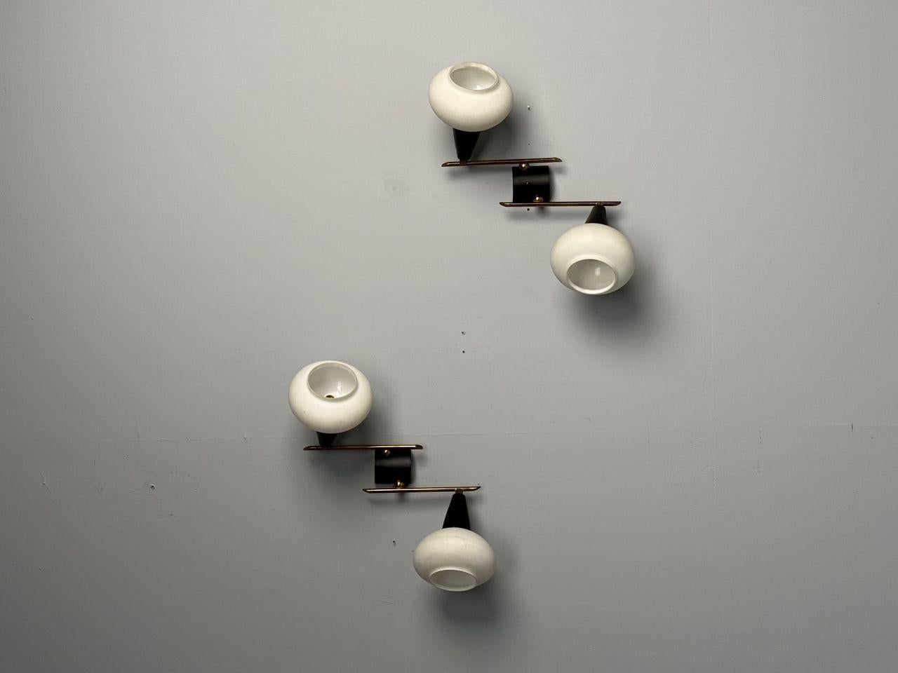 Italian Mid-Century Modern, Adjustable Wall Sconces, Brass, Opaline Glass, 1960s For Sale 3