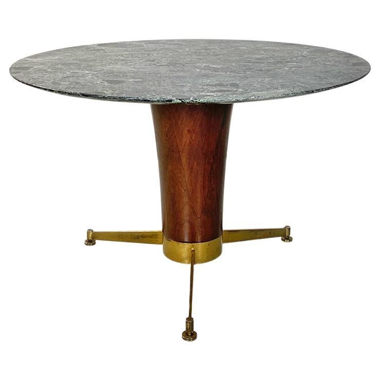 Italian Mid-Century Modern Alpi Marble, Wood and Brass Round Dining Table, 1950s