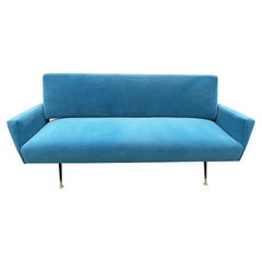 Italian Mid-Century Modern Aqua Velvet Sofa in the Style of Gio Ponti