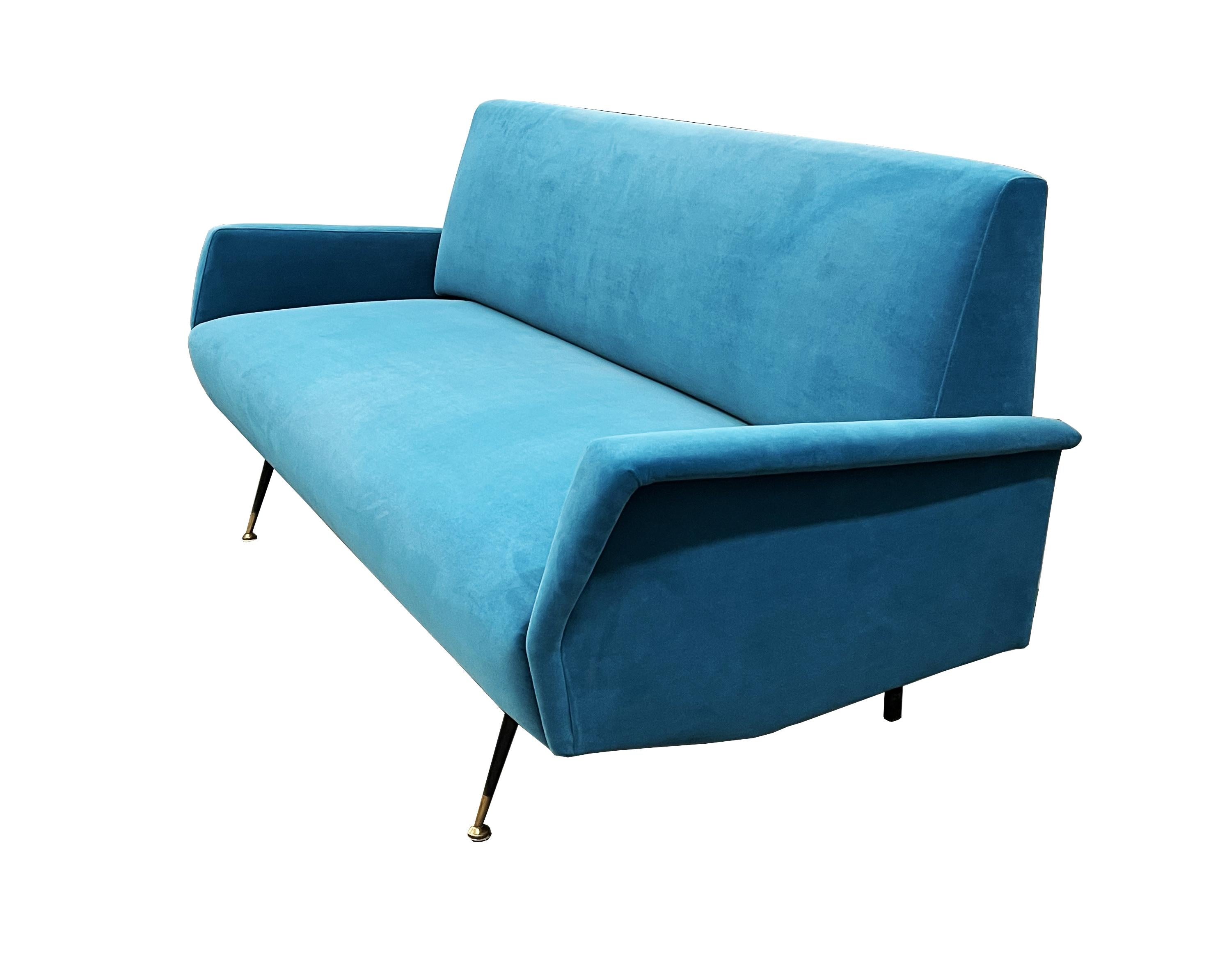 Brass Italian Mid-Century Modern Aqua Velvet Sofa in the Style of Gio Ponti For Sale