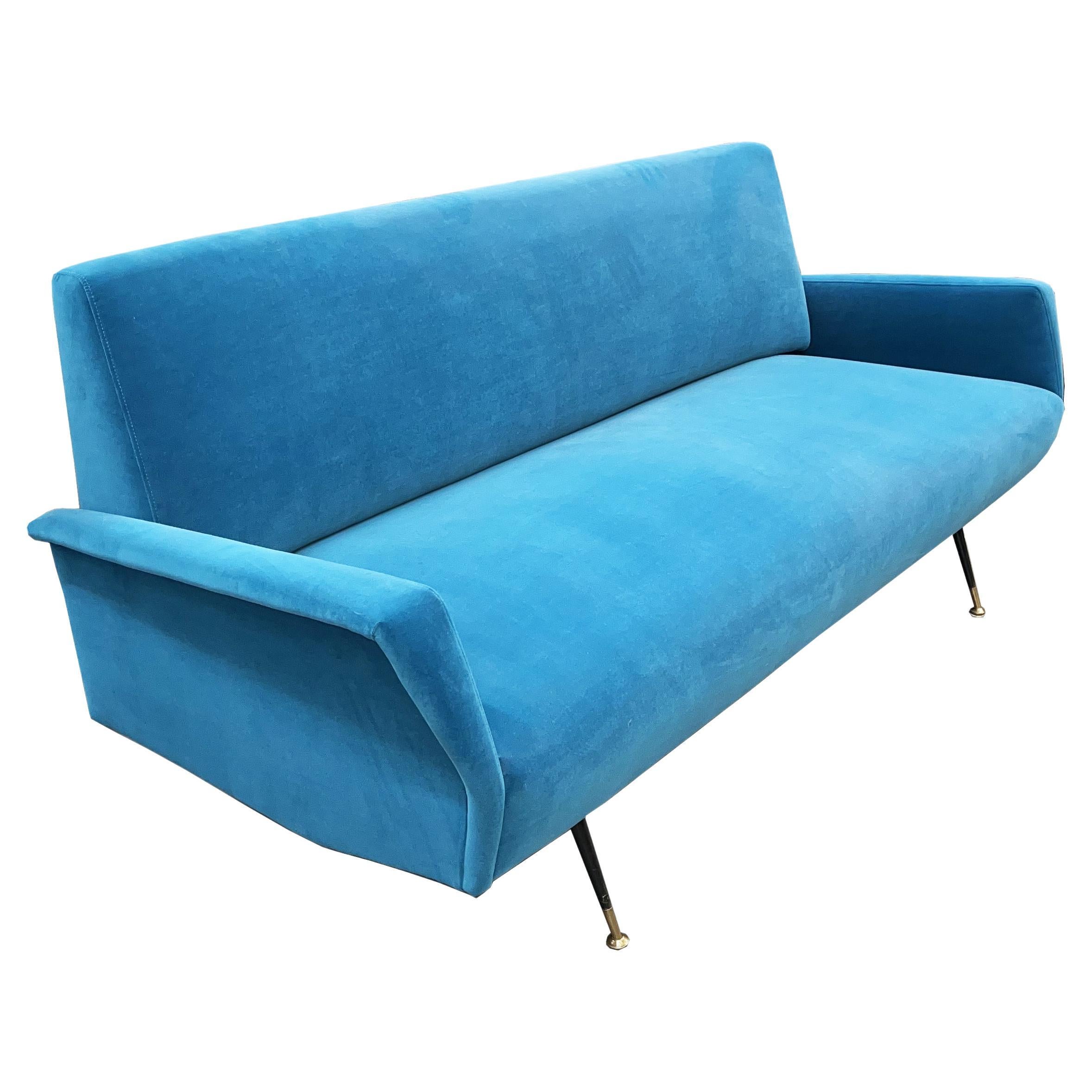 Italian MidCentury Modern Aqua Velvet Sofa in the Style of Gio Ponti