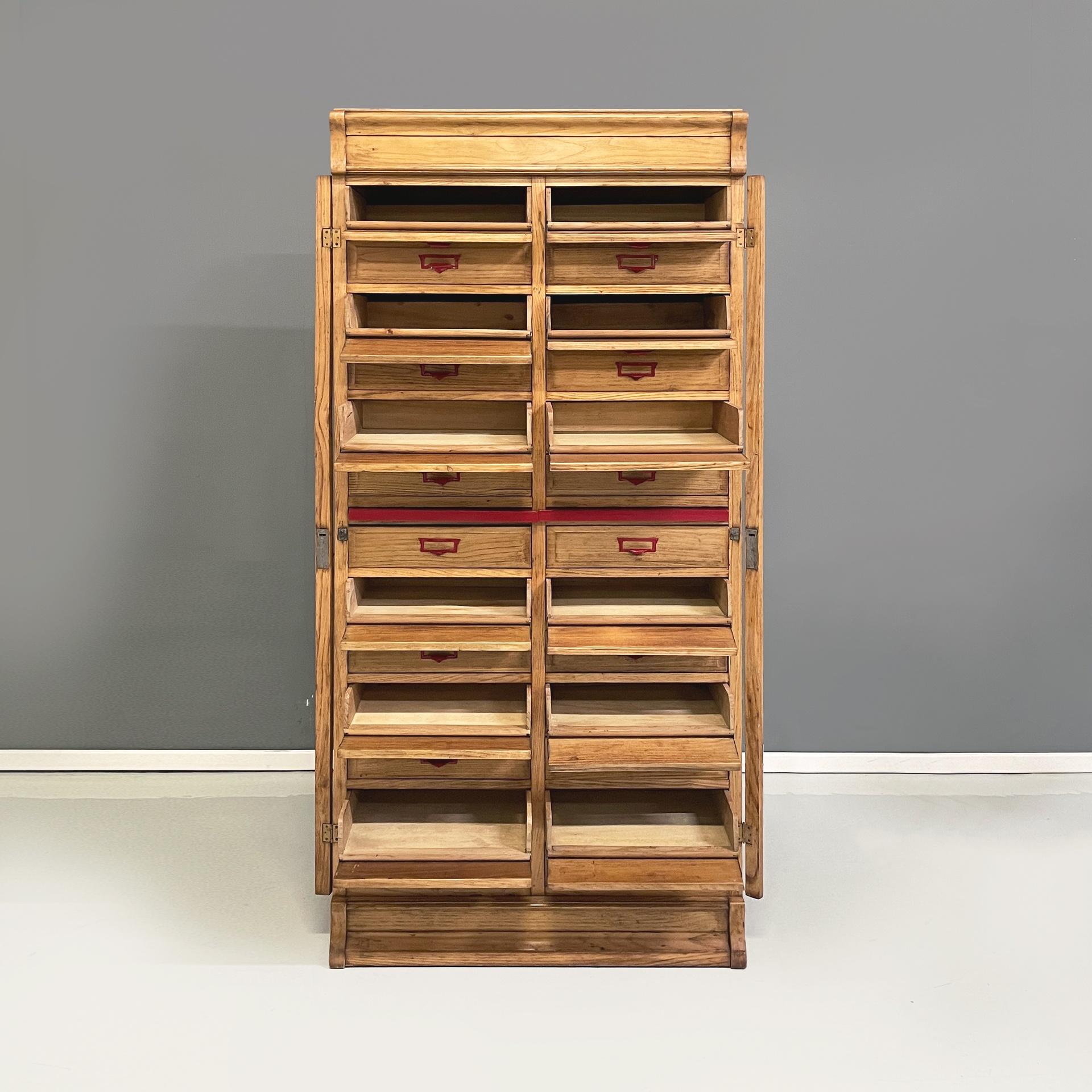 Art Deco Italian mid-century modern archive cabinet in wood and red metal, 1940s For Sale