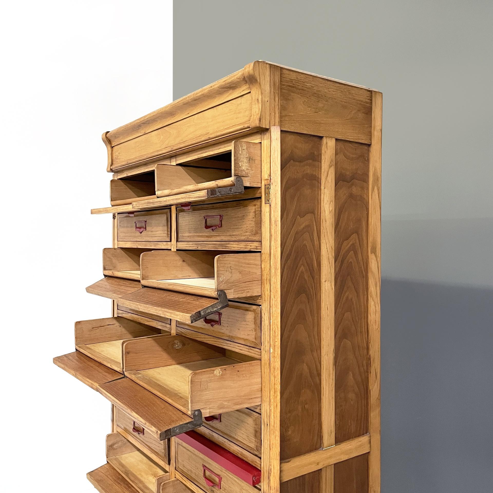 Mid-20th Century Italian mid-century modern archive cabinet in wood and red metal, 1940s For Sale