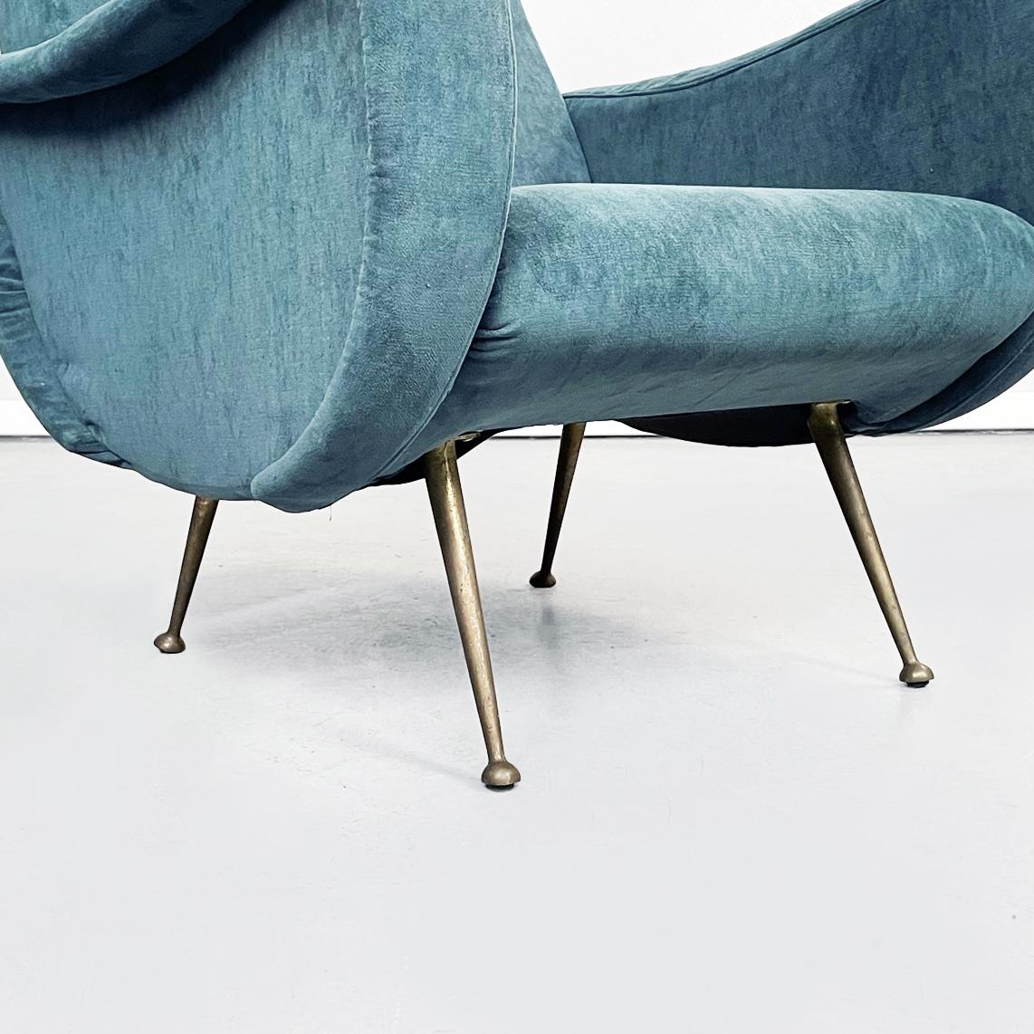 Italian Mid-Century Modern Armchair in Blue Fabric and Brass Feet, 1950s 8