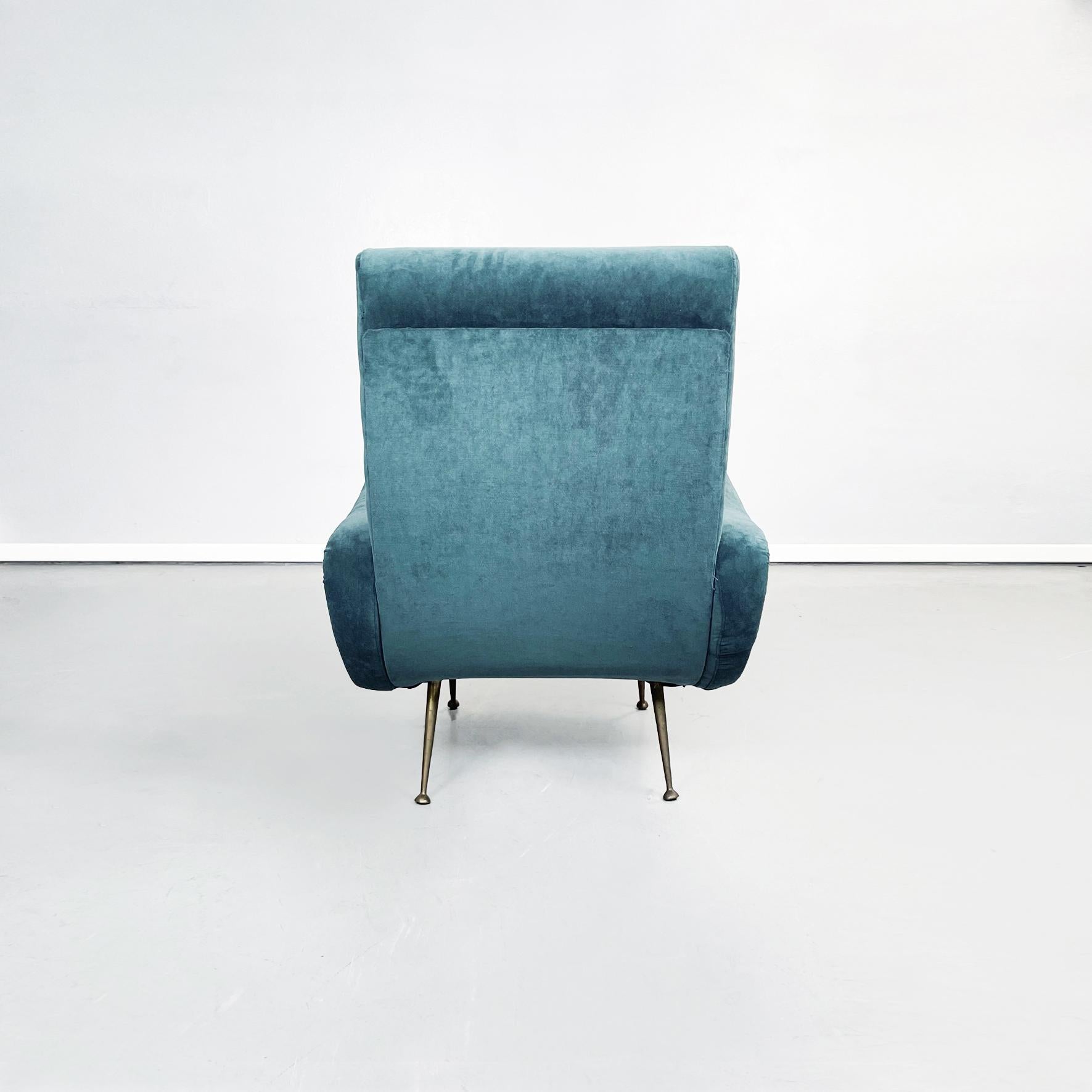Mid-20th Century Italian Mid-Century Modern Armchair in Blue Fabric and Brass Feet, 1950s