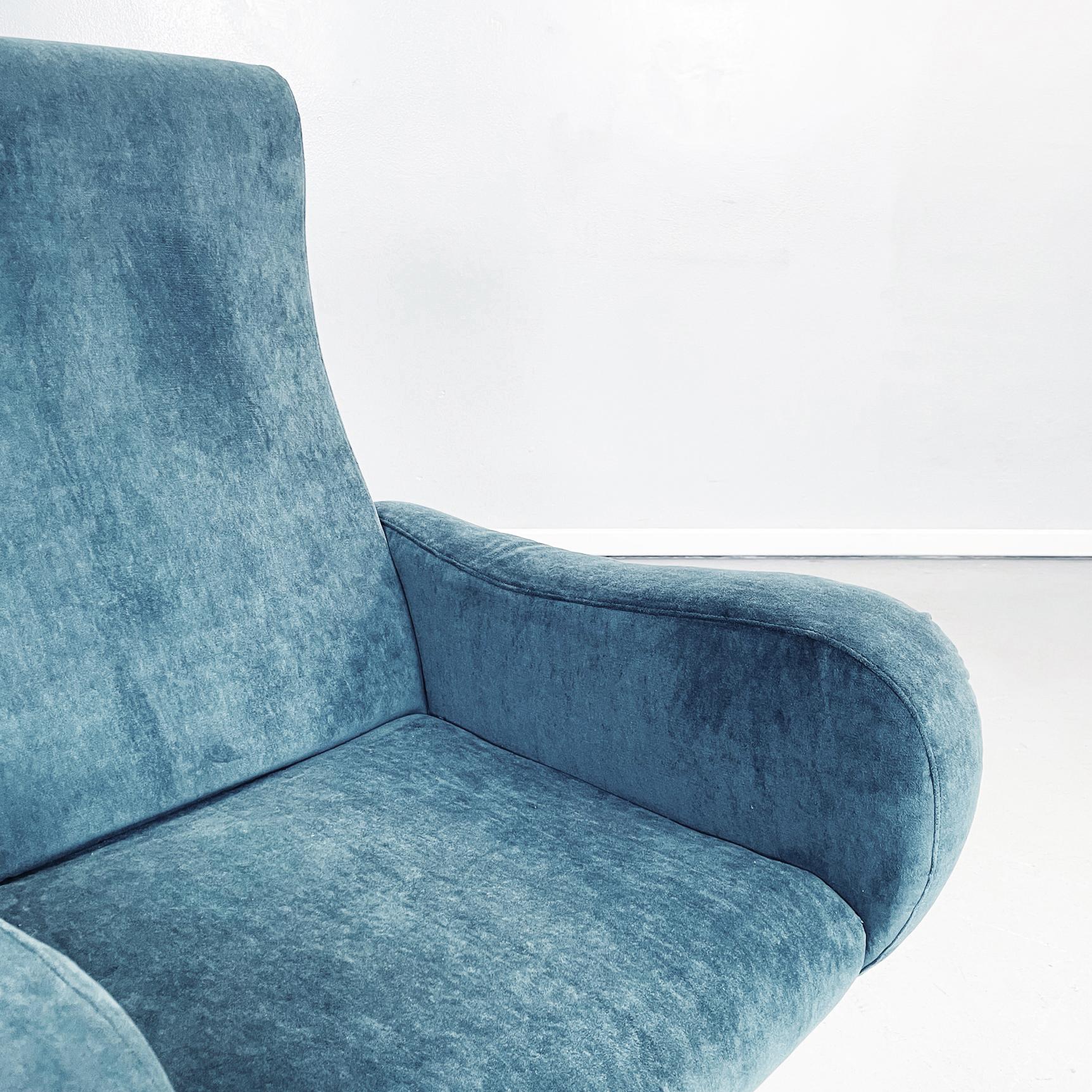 Italian Mid-Century Modern Armchair in Blue Fabric and Brass Feet, 1950s 1