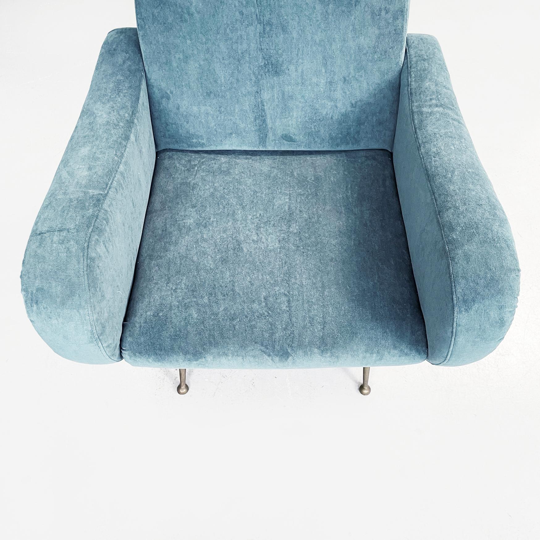 Italian Mid-Century Modern Armchair in Blue Fabric and Brass Feet, 1950s 3
