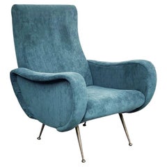 Italian Mid-Century Modern Armchair in Blue Fabric and Brass Feet, 1950s
