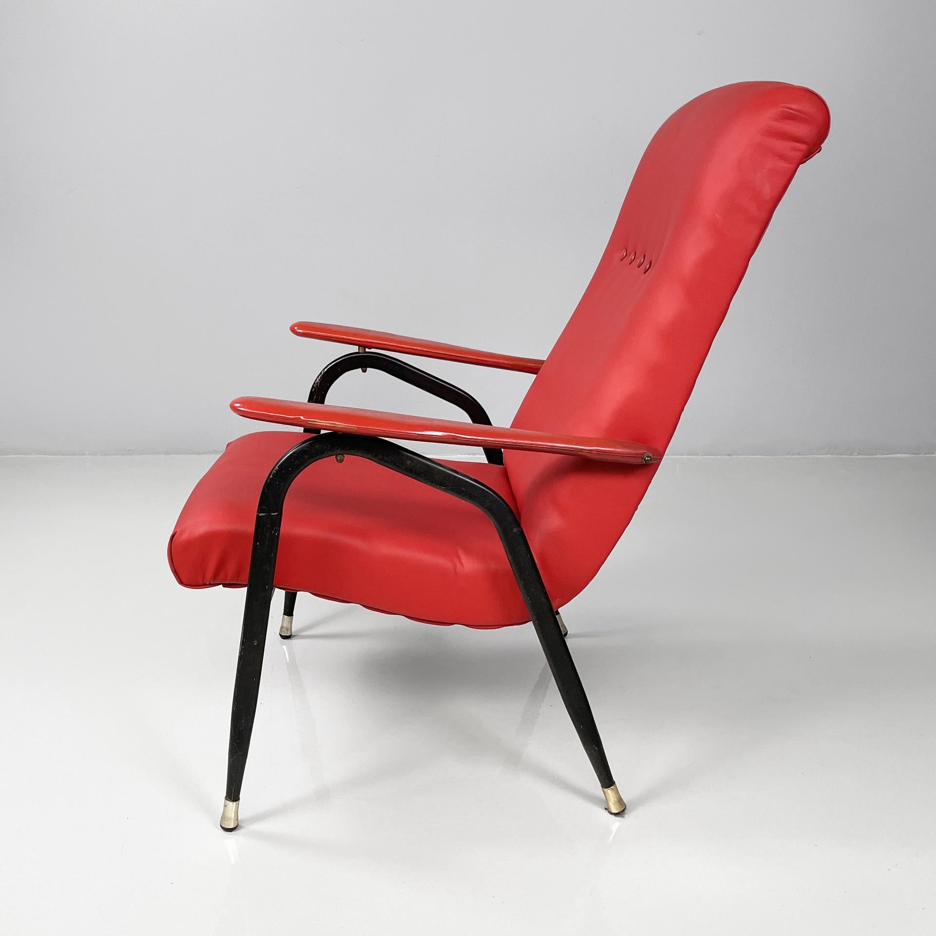 Mid-Century Modern Italian mid-century modern armchair in red sky and black metal, 1960s For Sale