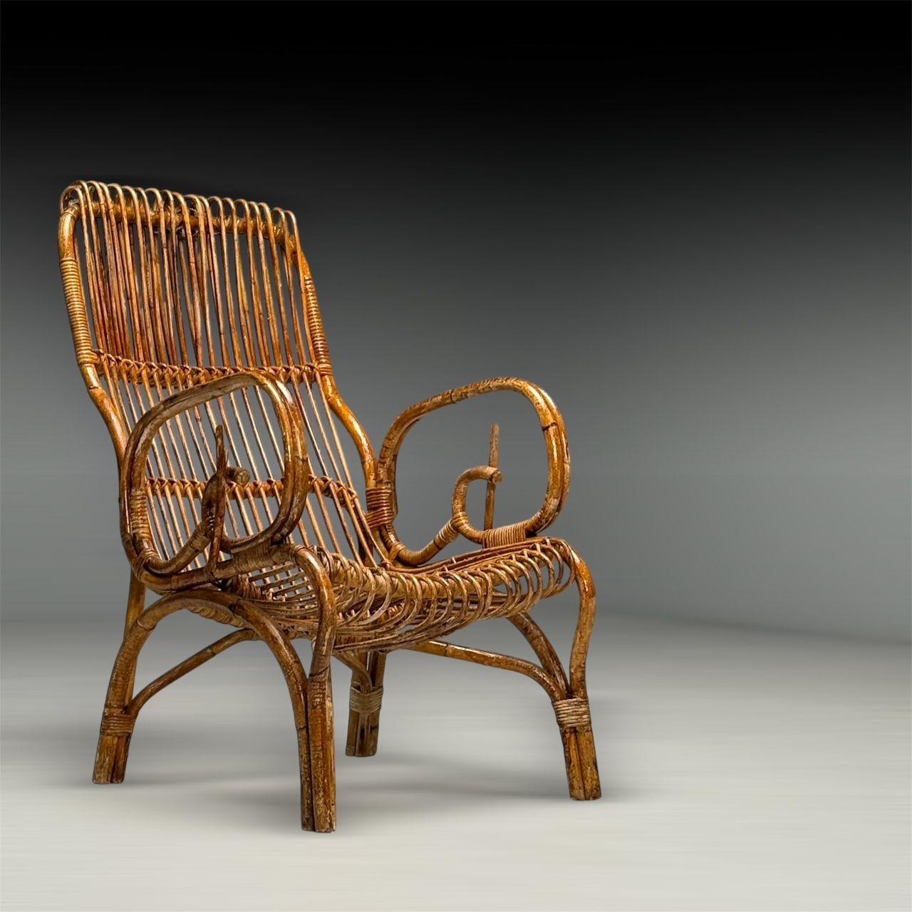 Italian Mid-Century Modern, Armchair, Rattan, Cane, Bamboo, Italy, 1960s

This Italian Mid-Century Modern armchair from the 1960s showcases a masterful combination of rattan, cane, and bamboo, reflecting the era's emphasis on natural materials and