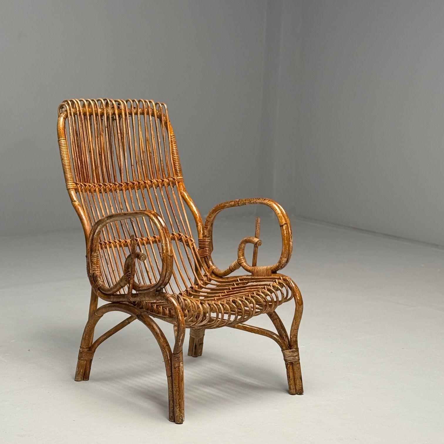 Mid-20th Century Italian Mid-Century Modern, Armchair, Rattan, Cane, Bamboo, Italy, 1960s For Sale