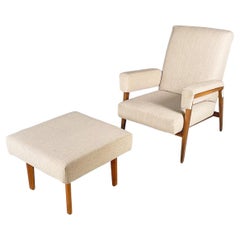 Italian Mid-Century Modern Armchair with Pouf in Beige Fabric and Wood, 1960s