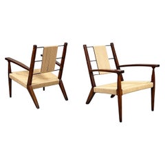 Italian Mid-Century Modern Armchairs in Beige Rope and Dark Solid Wood, 1960s