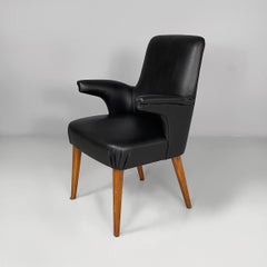 Italian mid-century modern armchairs in black leather and wood, 1960s