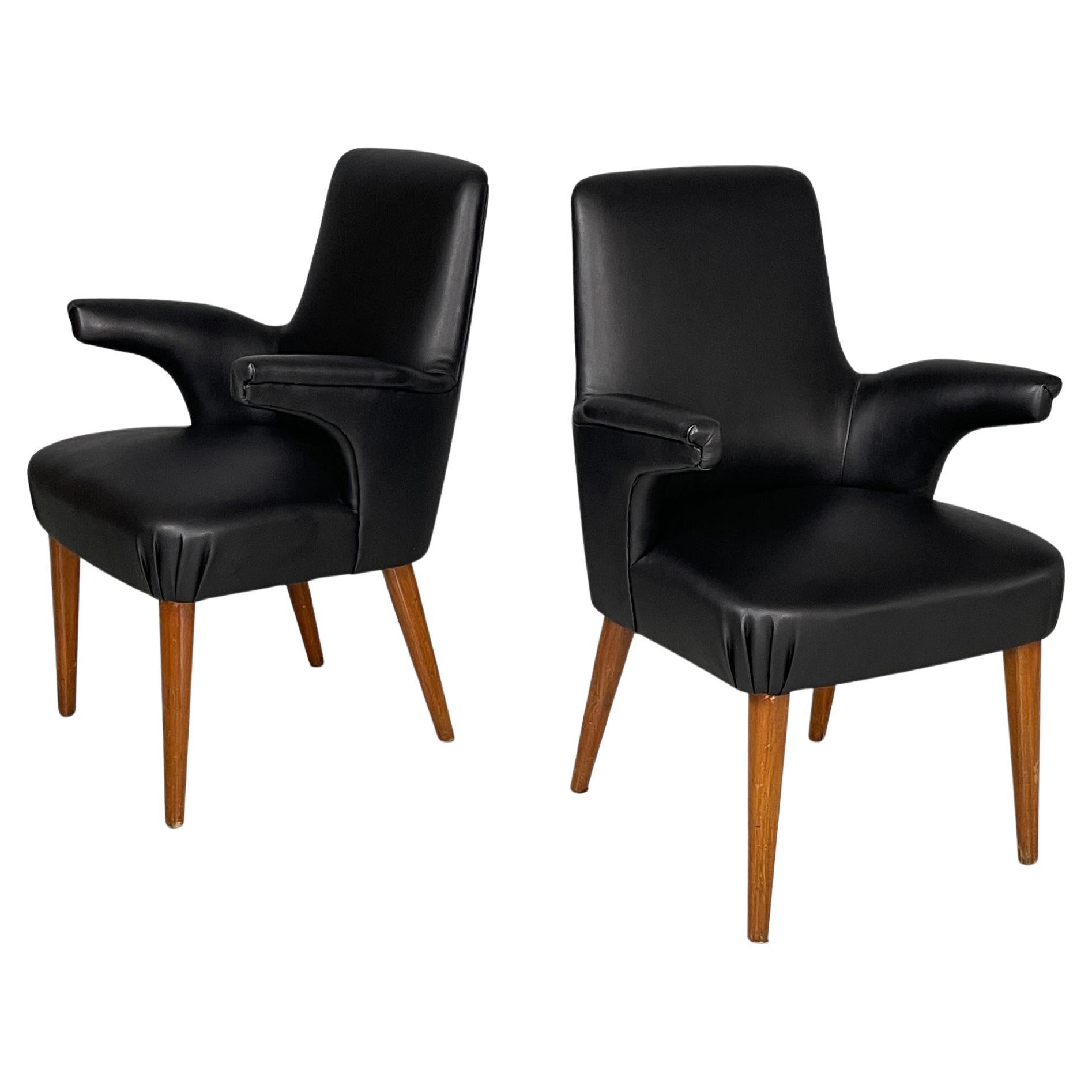 Italian mid-century modern armchairs in black leather and wood, 1960s
