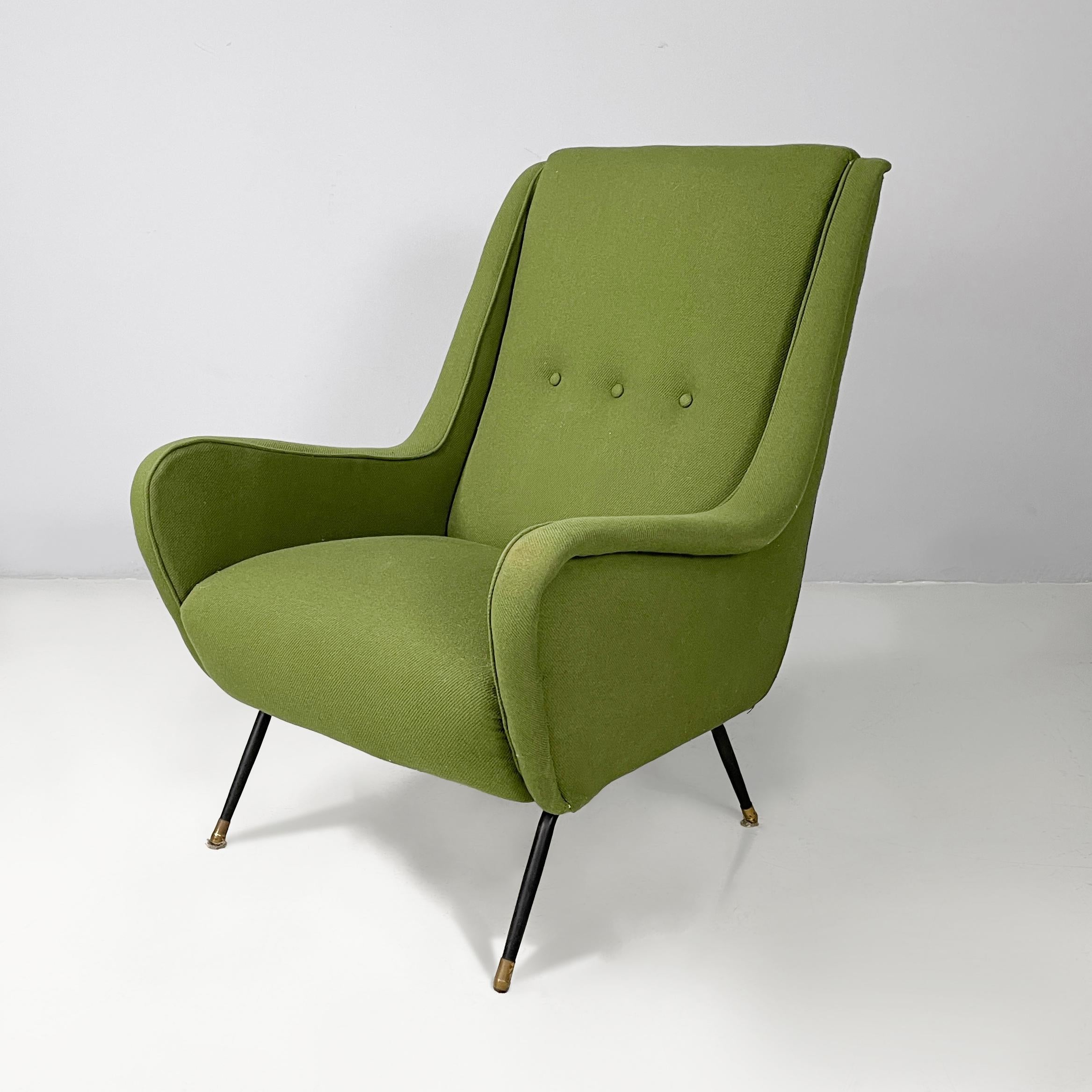 Italian mid-century modern armchairs in green fabric, black metal and brass, 1950s
Pair of armchairs with seat and backrest, padded and covered in green fabric. The shaped armrests are covered in green fabric. The backrest has three buttons covered