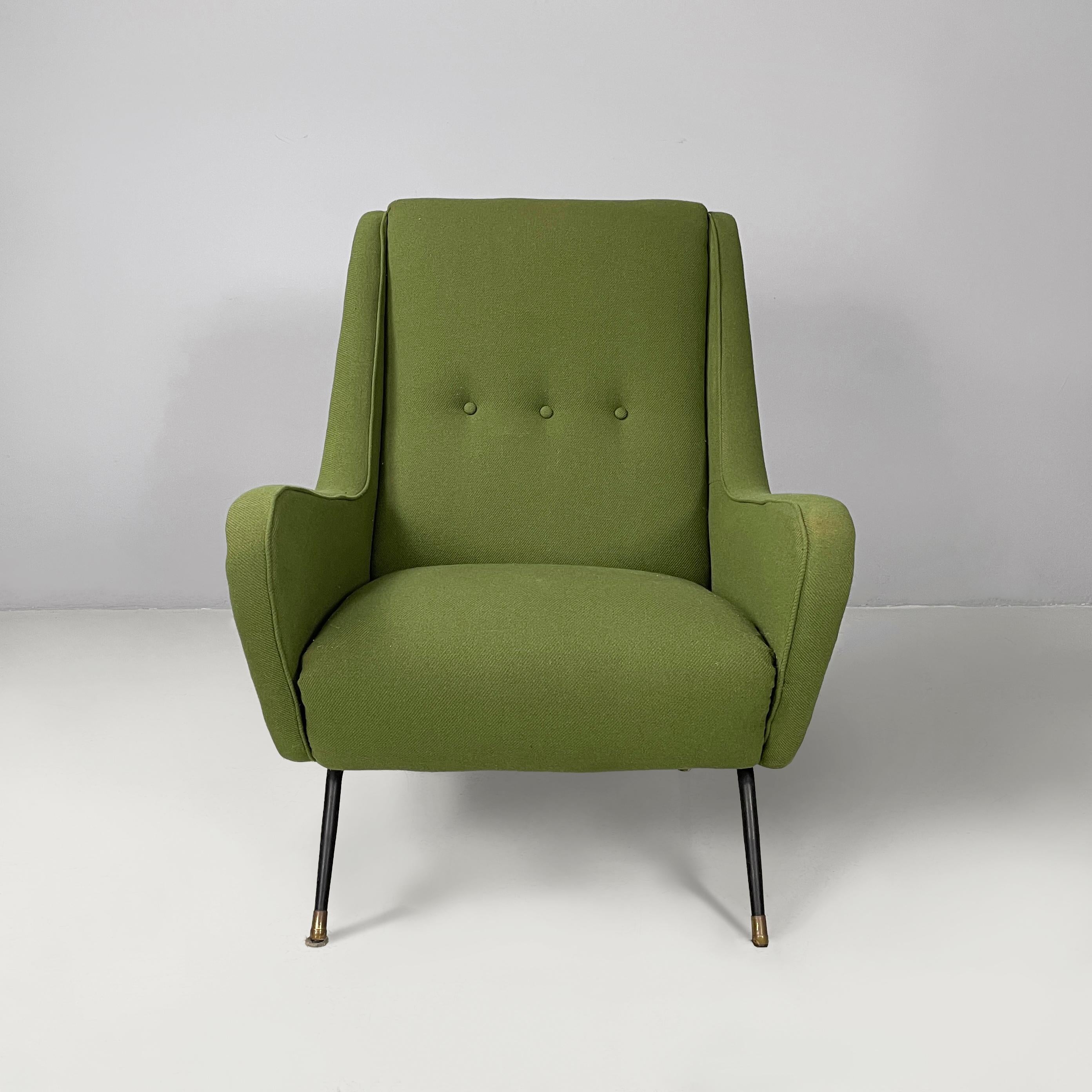 Mid-Century moderno Italian mid-century modern armchairs in green fabric, black metal, brass, 1950s in vendita