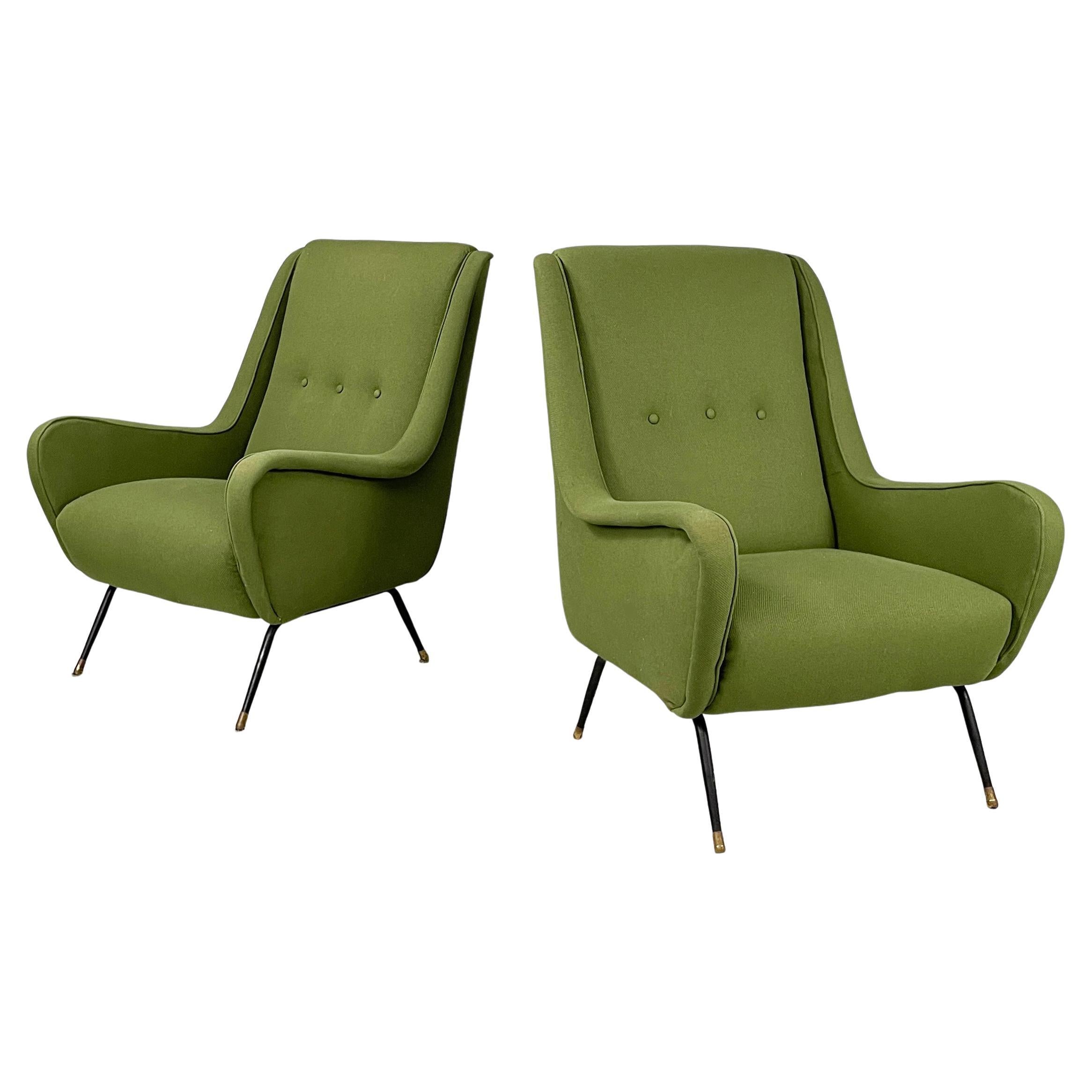 Italian mid-century modern armchairs in green fabric, black metal, brass, 1950s
