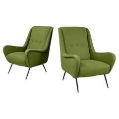 Italian mid-century modern armchairs in green fabric, black metal, brass, 1950s