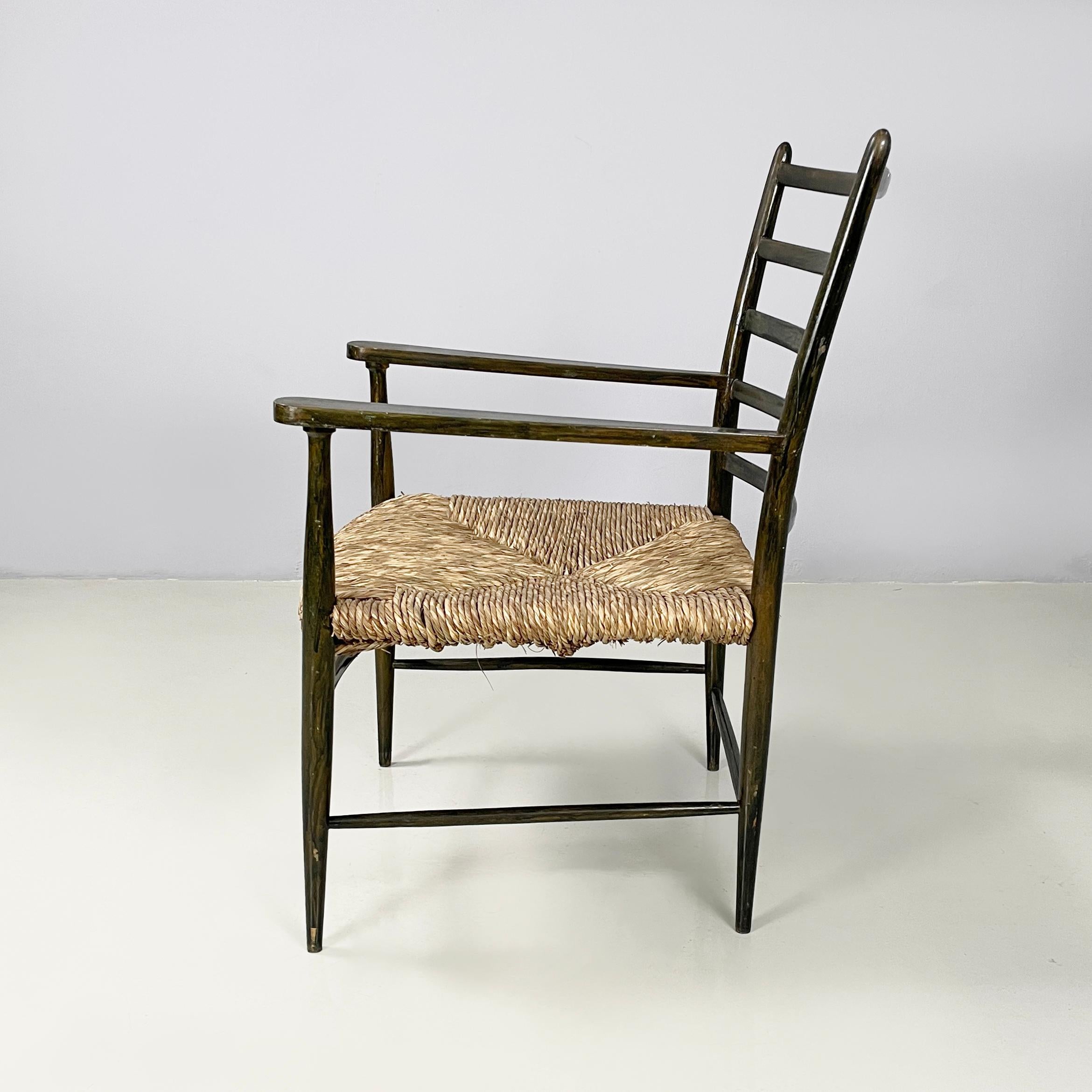 Mid-Century Modern Italian mid-century modern armchairs in green wood and straw, 1930s For Sale