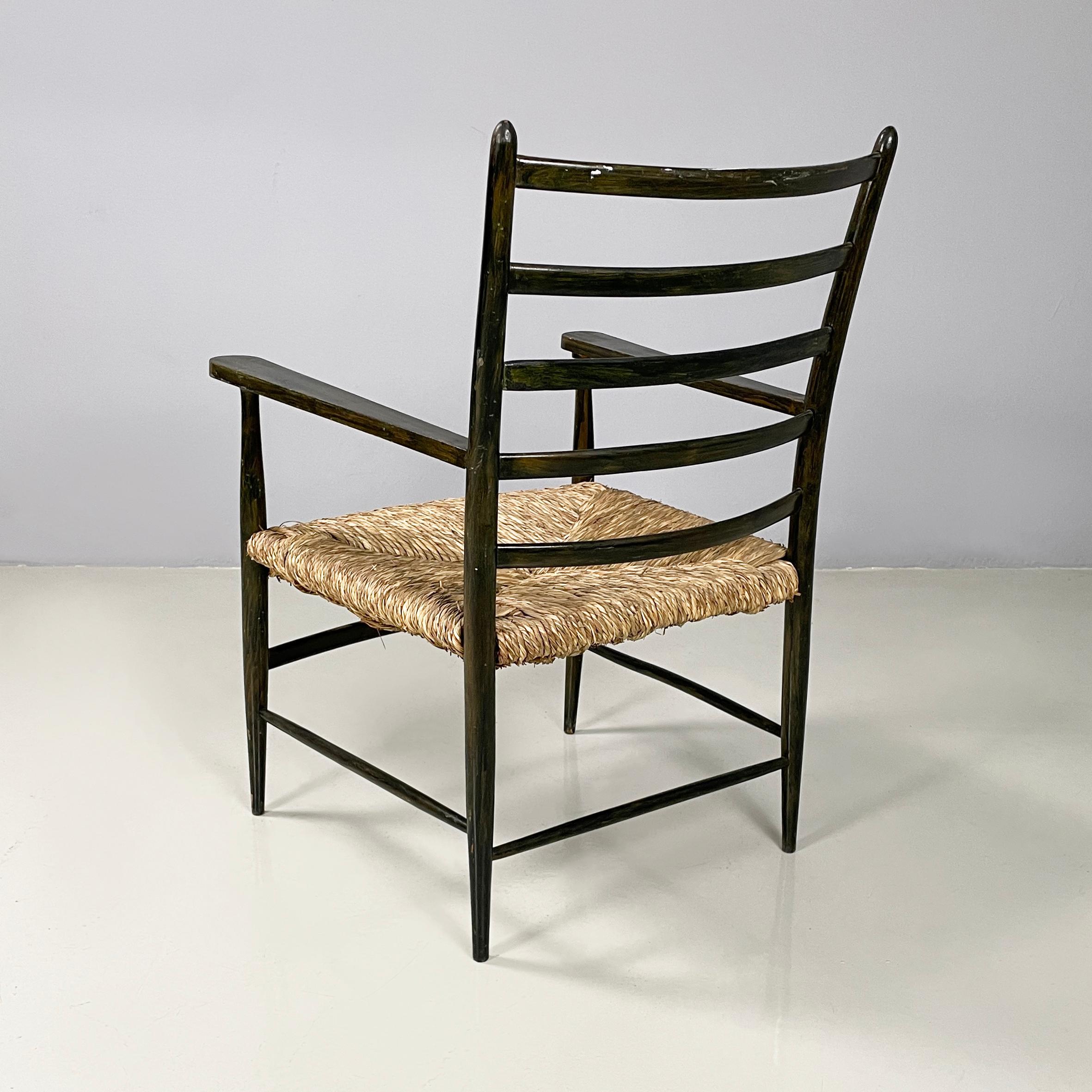 Italian mid-century modern armchairs in green wood and straw, 1930s In Good Condition For Sale In MIlano, IT