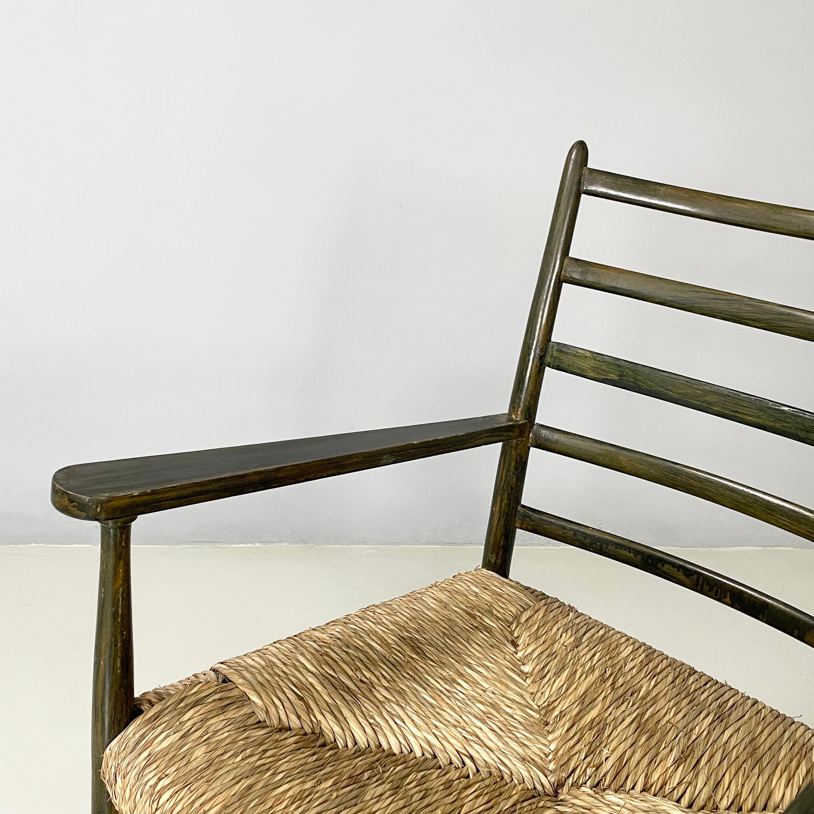 Straw Italian mid-century modern armchairs in green wood and straw, 1930s For Sale