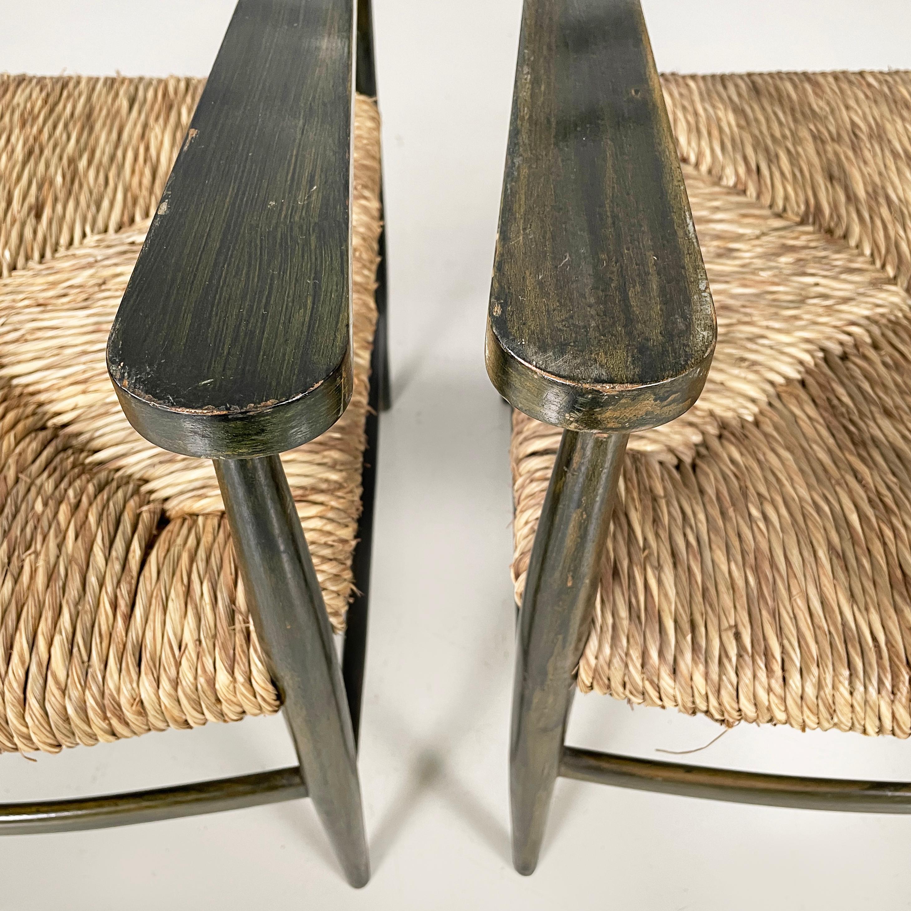 Italian mid-century modern armchairs in green wood and straw, 1930s For Sale 2