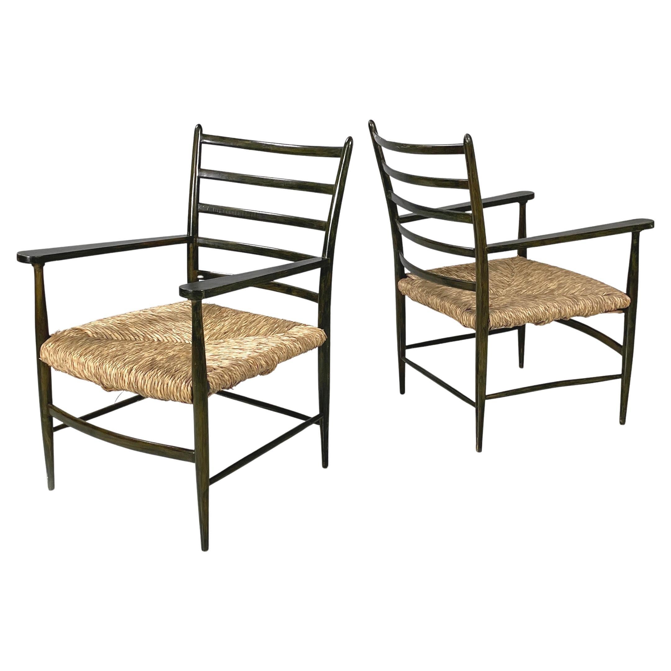 Italian mid-century modern armchairs in green wood and straw, 1930s