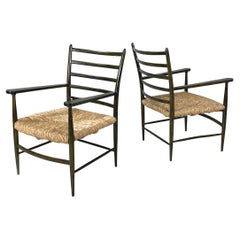 Italian mid-century modern armchairs in green wood and straw, 1930s