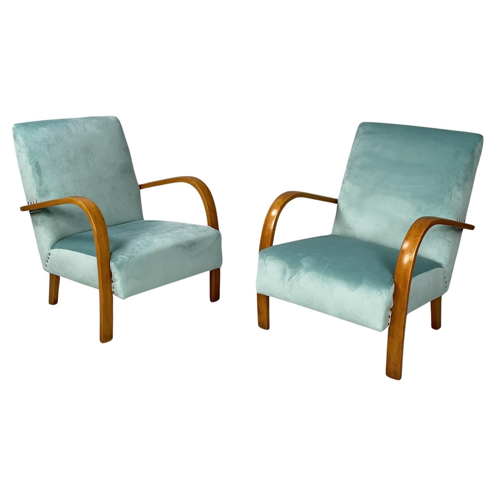 Italian mid-century modern armchairs in light blue and wood, 1950s in vendita