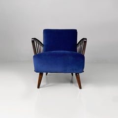 Italian mid-century modern armchairs in wood and blue velvet, 1960s