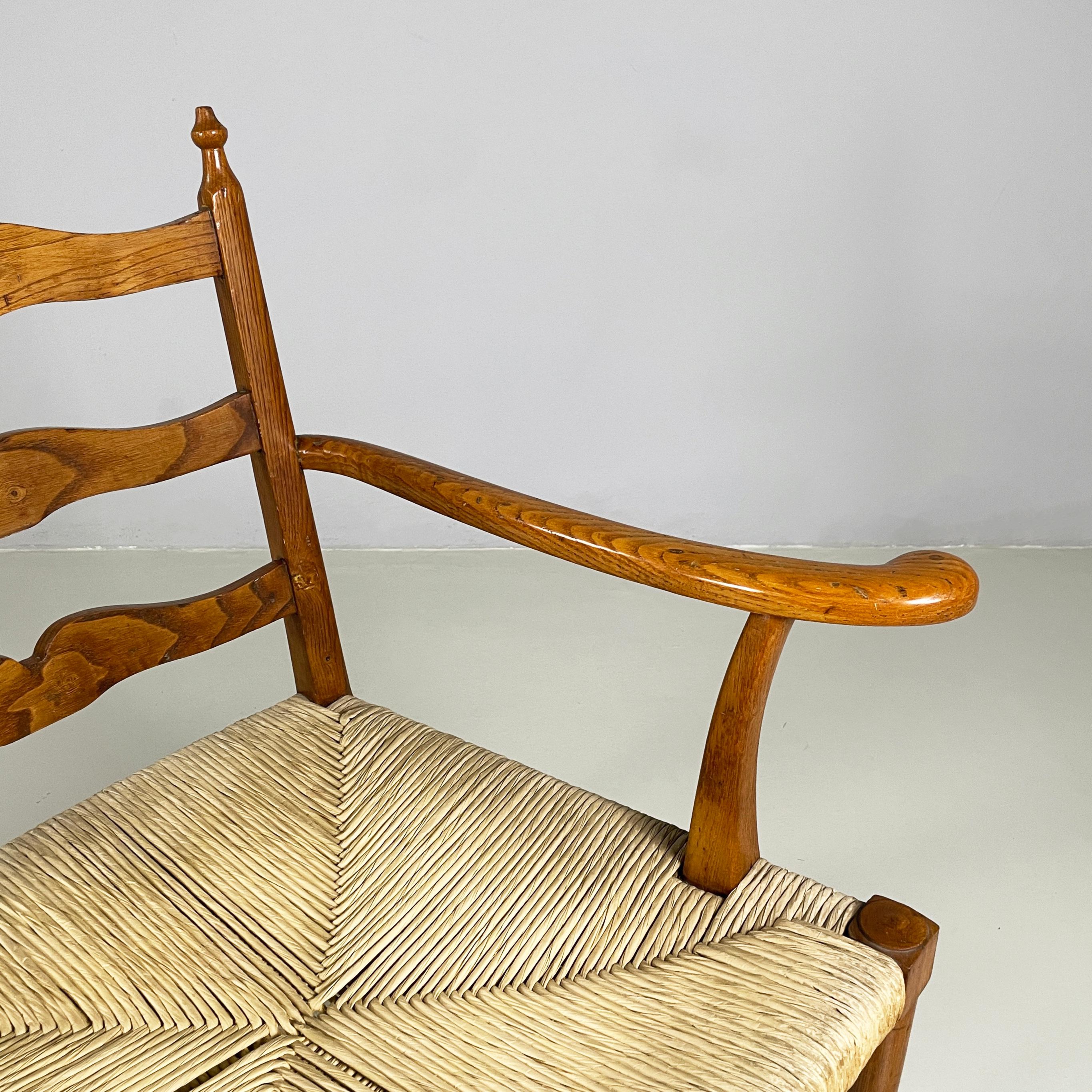 Straw Italian mid-century modern Armchairs in woven straw and wood, 1940s For Sale