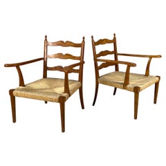 Italian mid-century modern Armchairs in woven straw and wood, 1940s