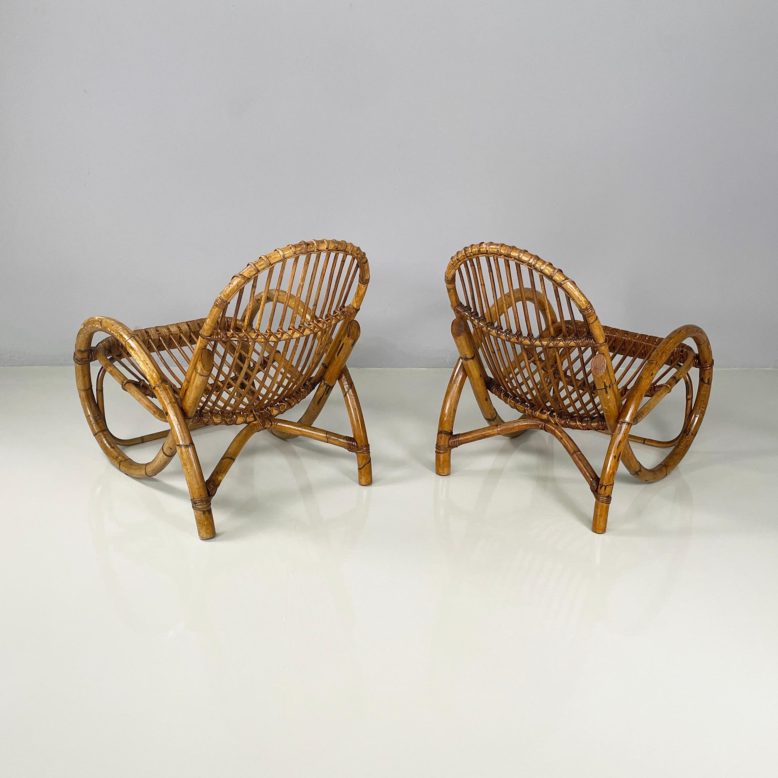Italian mid-century modern Armchairs with armrests in curved rattan, 1960s In Good Condition For Sale In MIlano, IT